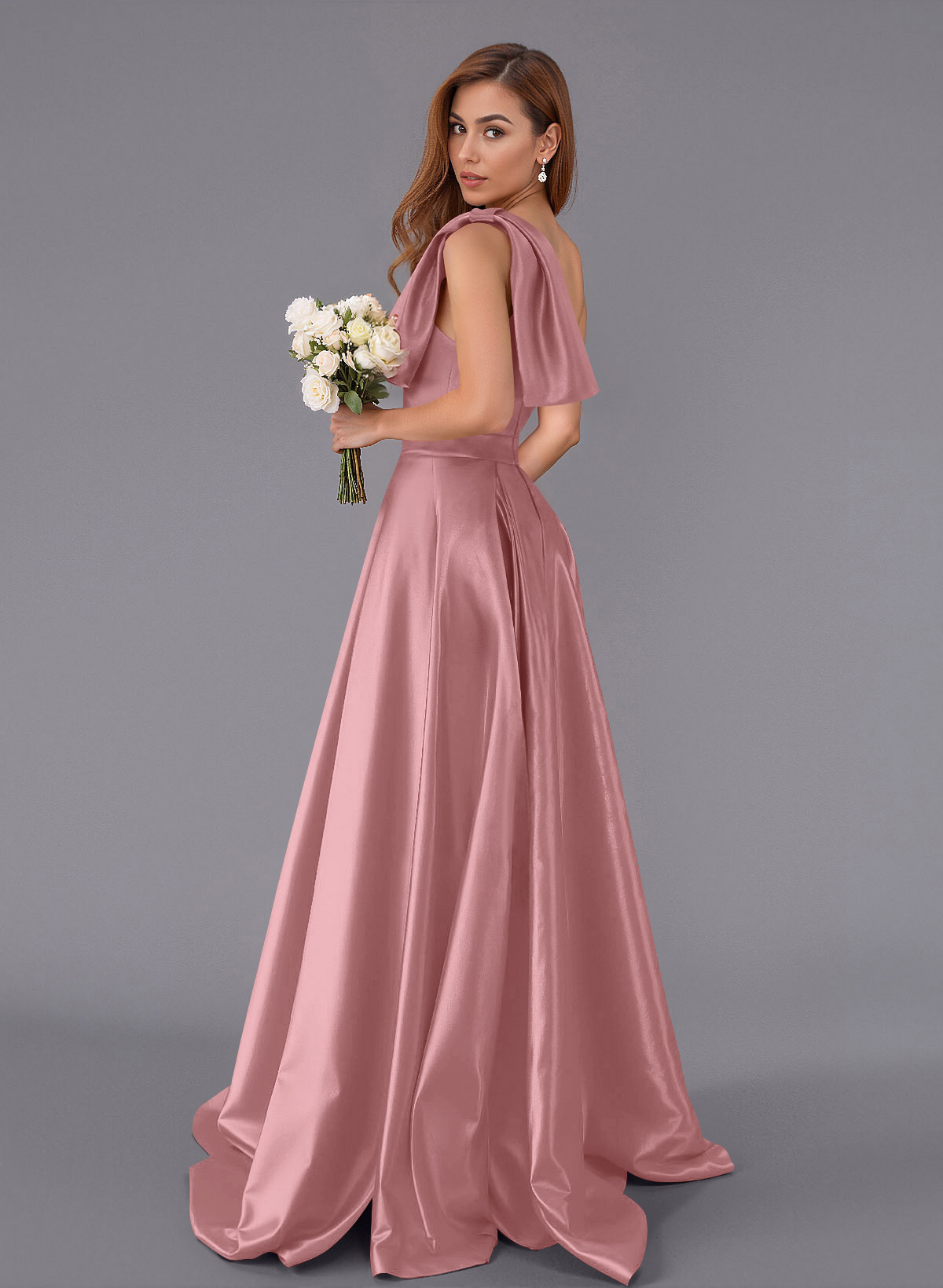 Classy Bow(s) One-Shoulder A-Line Sweep Train Satin Bridesmaid Dresses With Pockets, product image 95