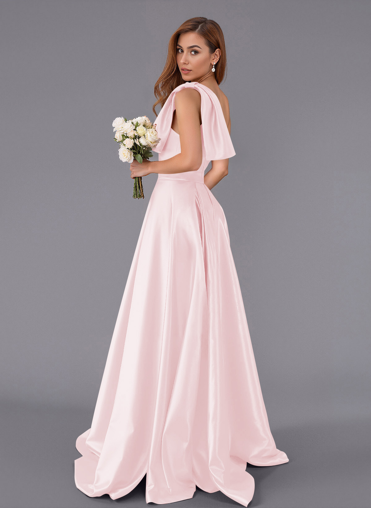 Classy Bow(s) One-Shoulder A-Line Sweep Train Satin Bridesmaid Dresses With Pockets, product image 89