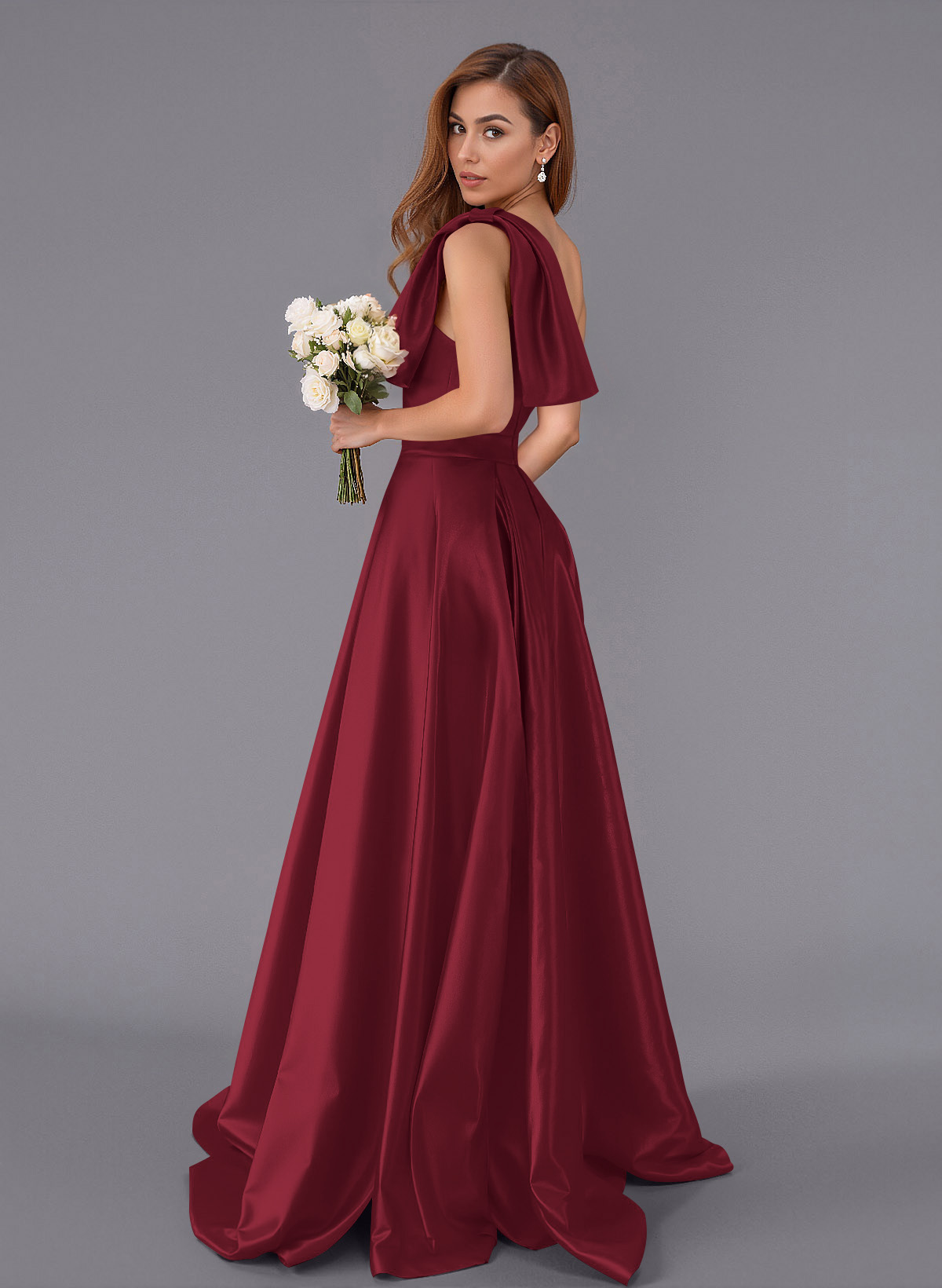 Classy Bow(s) One-Shoulder A-Line Sweep Train Satin Bridesmaid Dresses With Pockets, product image 111
