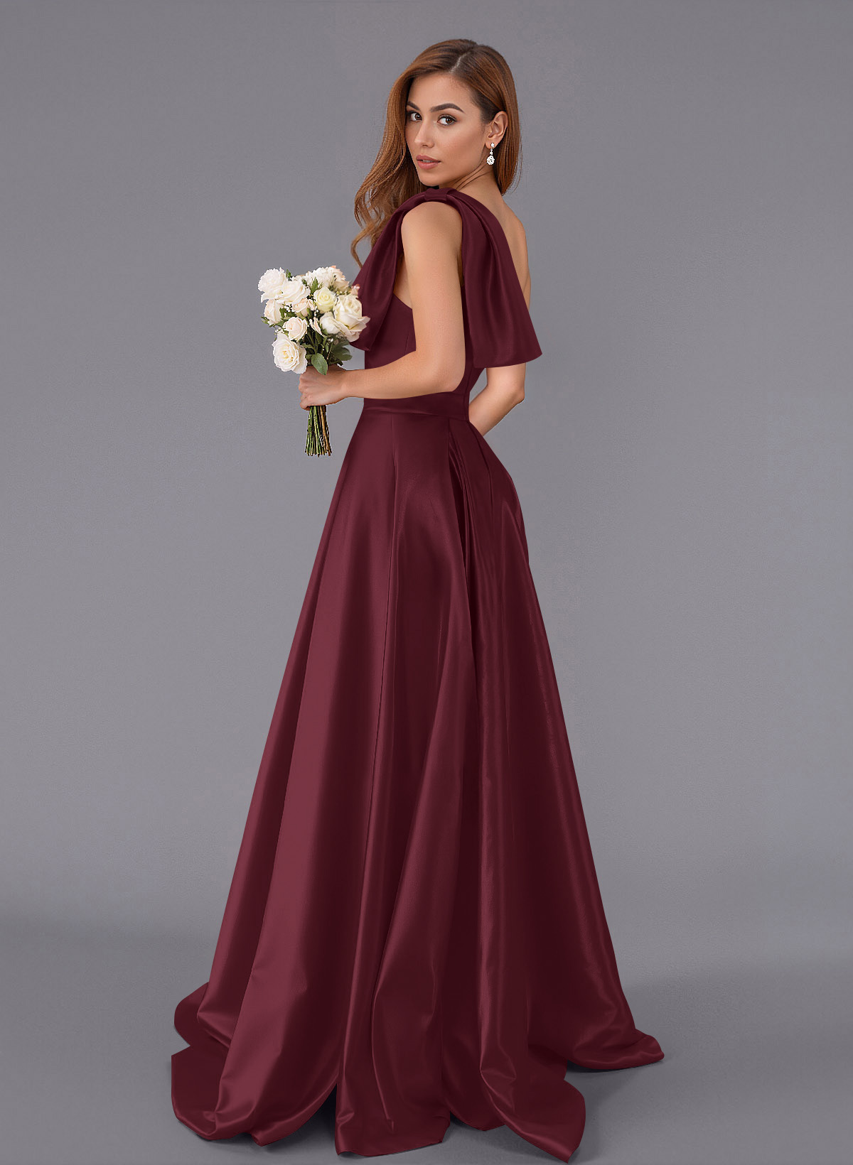Classy Bow(s) One-Shoulder A-Line Sweep Train Satin Bridesmaid Dresses With Pockets, product image 113