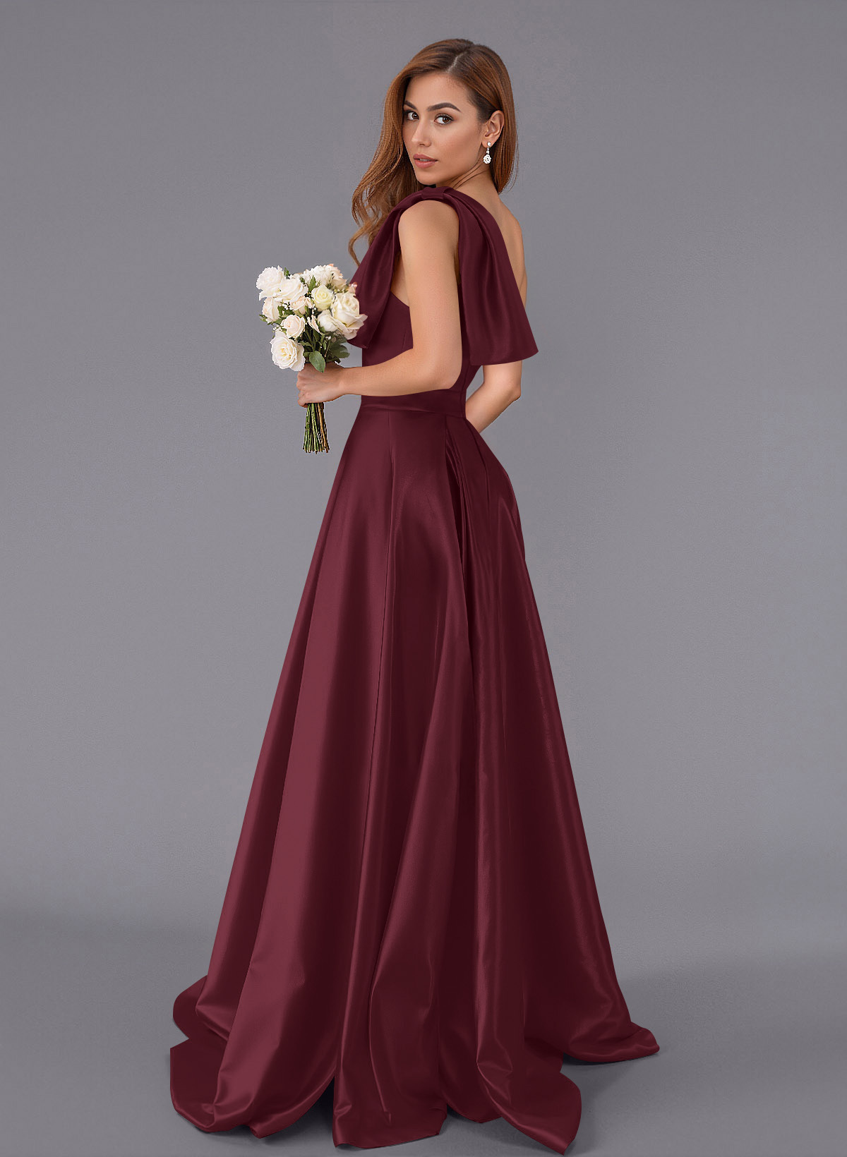 Classy Bow(s) One-Shoulder A-Line Sweep Train Satin Bridesmaid Dresses With Pockets, product image 113