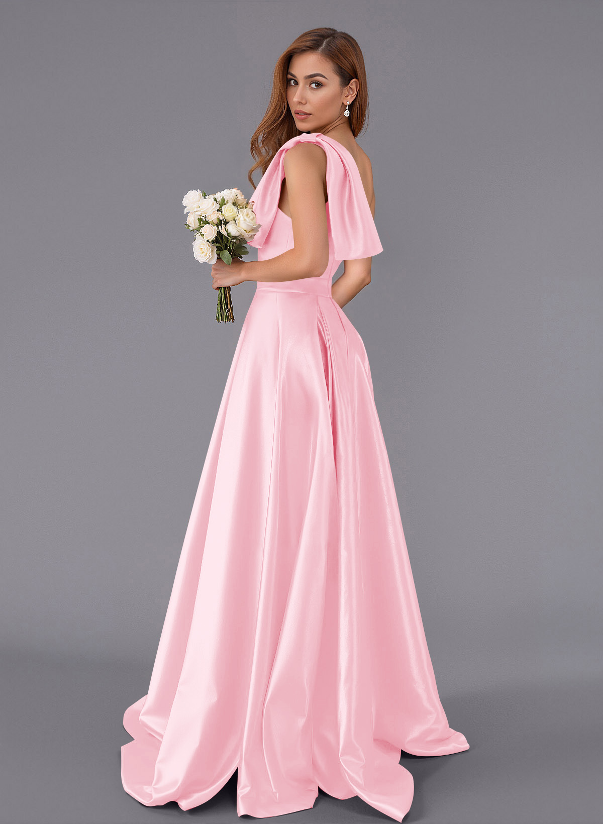 Classy Bow(s) One-Shoulder A-Line Sweep Train Satin Bridesmaid Dresses With Pockets, product image 87