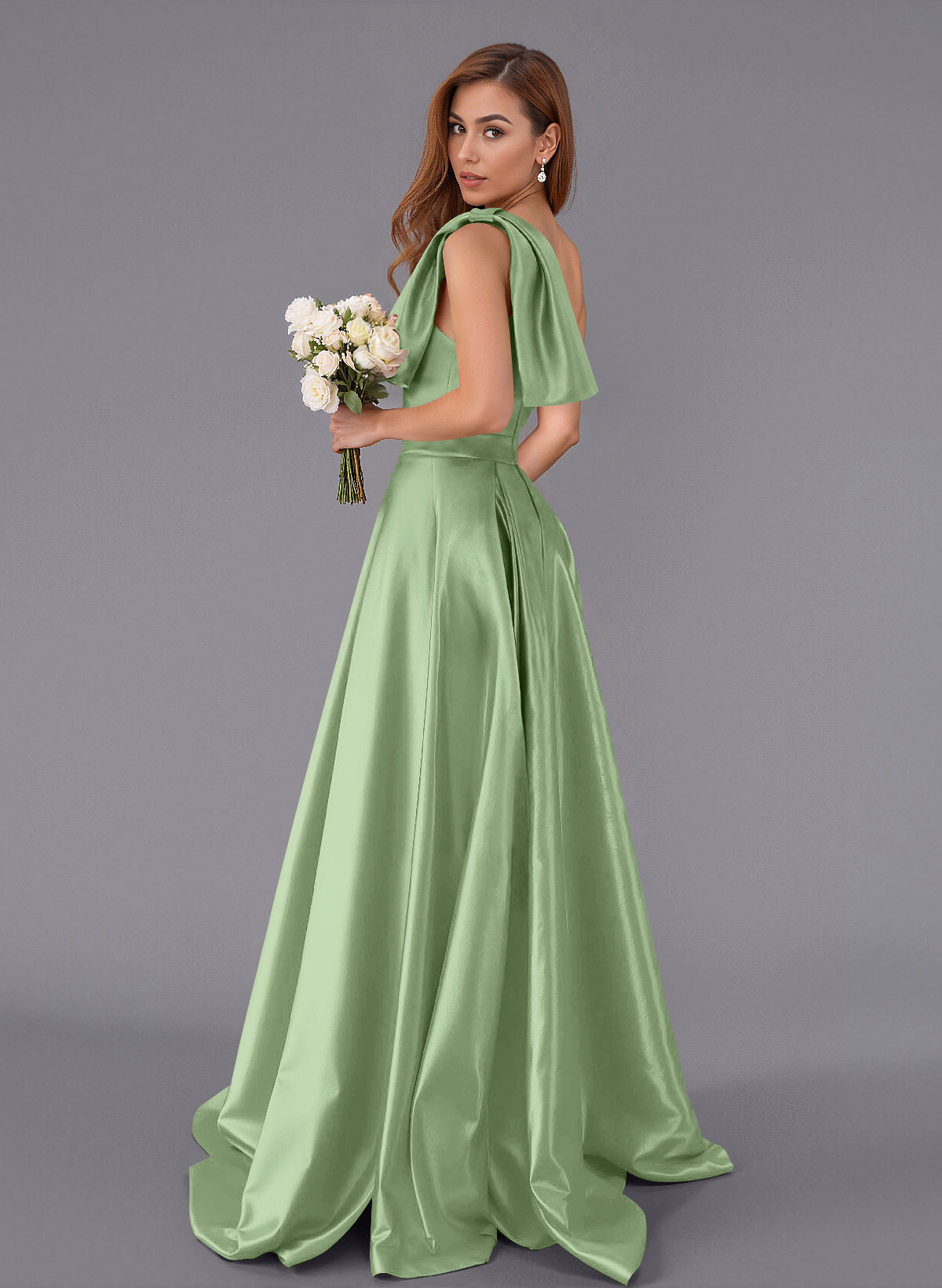 Classy Bow(s) One-Shoulder A-Line Sweep Train Satin Bridesmaid Dresses With Pockets, product image 55