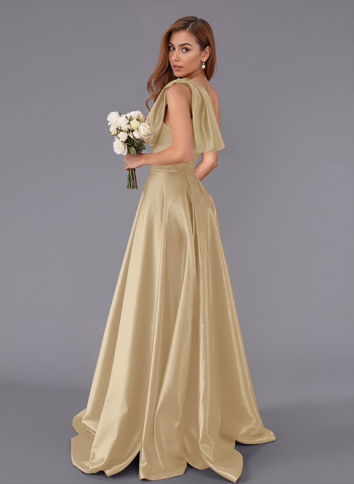 Classy Bow(s) One-Shoulder A-Line Sweep Train Satin Bridesmaid Dresses With Pockets, product image 47