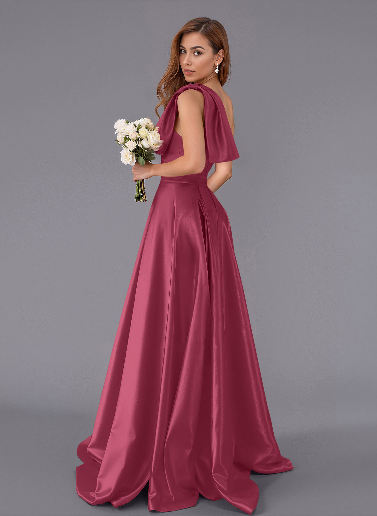 Classy Bow(s) One-Shoulder A-Line Sweep Train Satin Bridesmaid Dresses With Pockets, product image 109