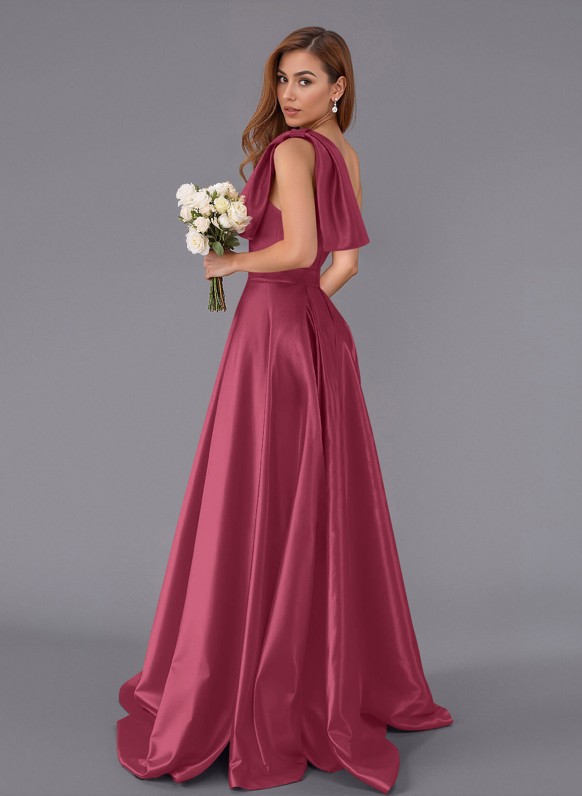 Classy Bow(s) One-Shoulder A-Line Sweep Train Satin Bridesmaid Dresses With Pockets, product image 109