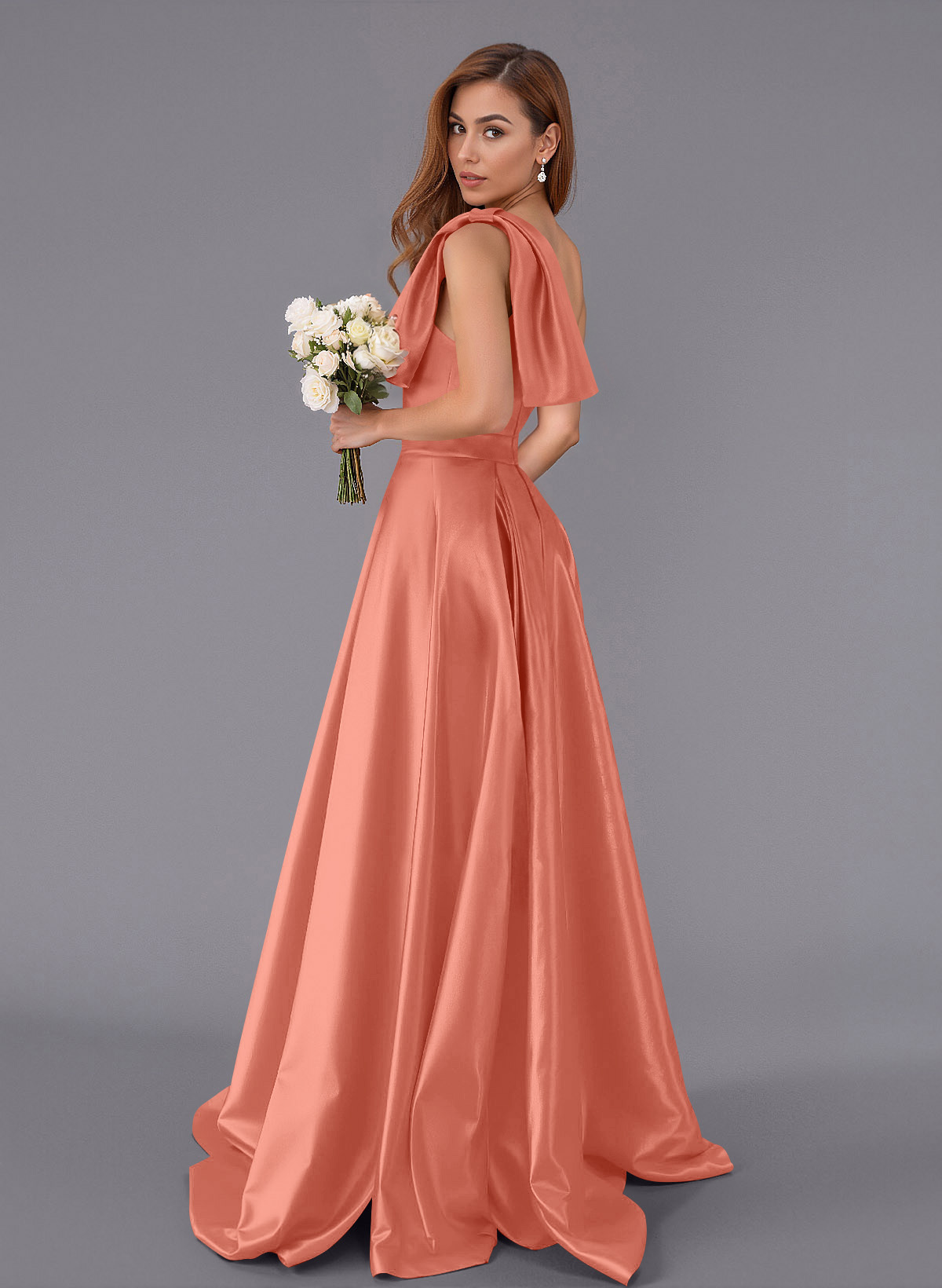 Classy Bow(s) One-Shoulder A-Line Sweep Train Satin Bridesmaid Dresses With Pockets, product image 91