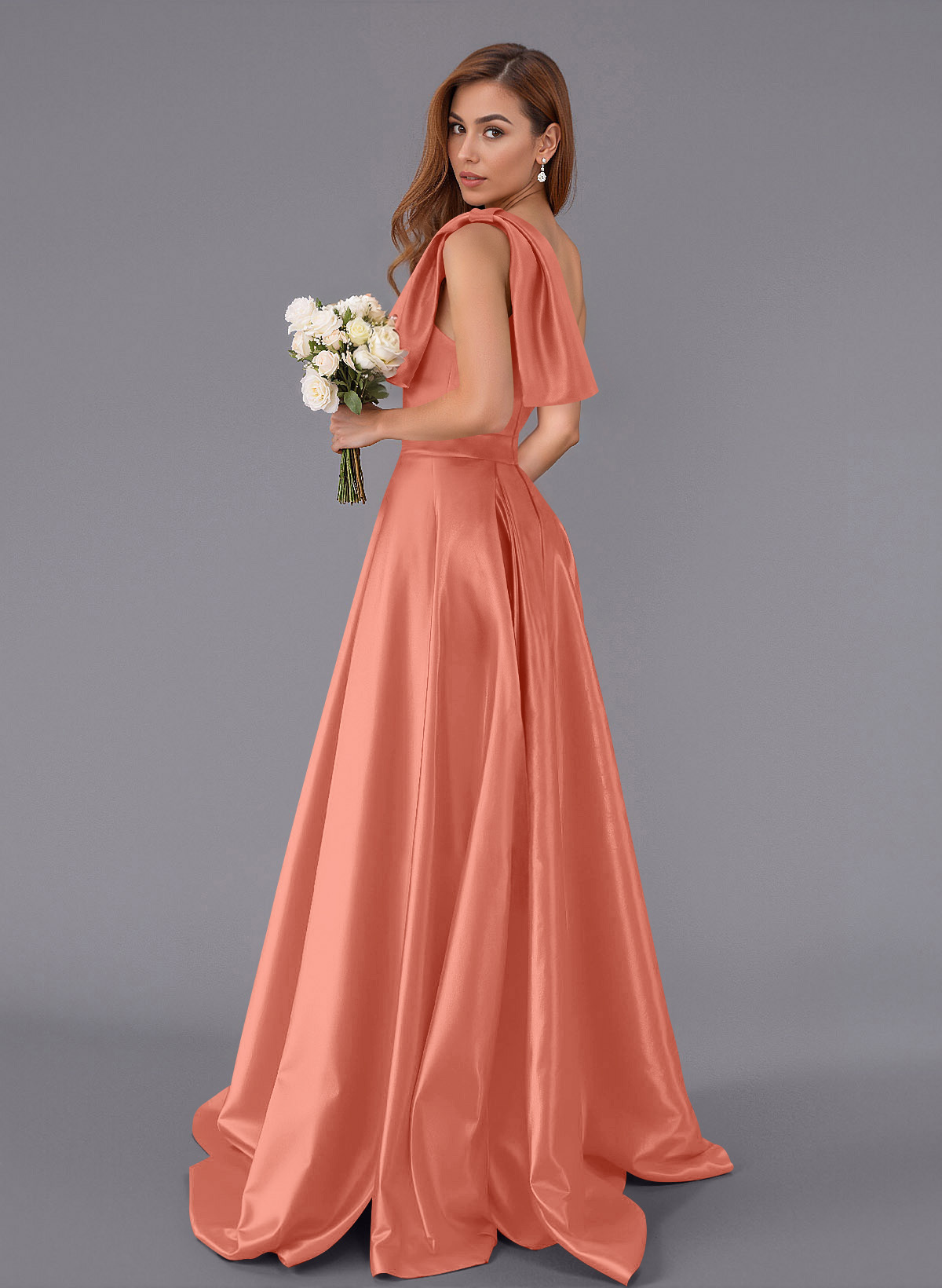 Classy Bow(s) One-Shoulder A-Line Sweep Train Satin Bridesmaid Dresses With Pockets, product image 91