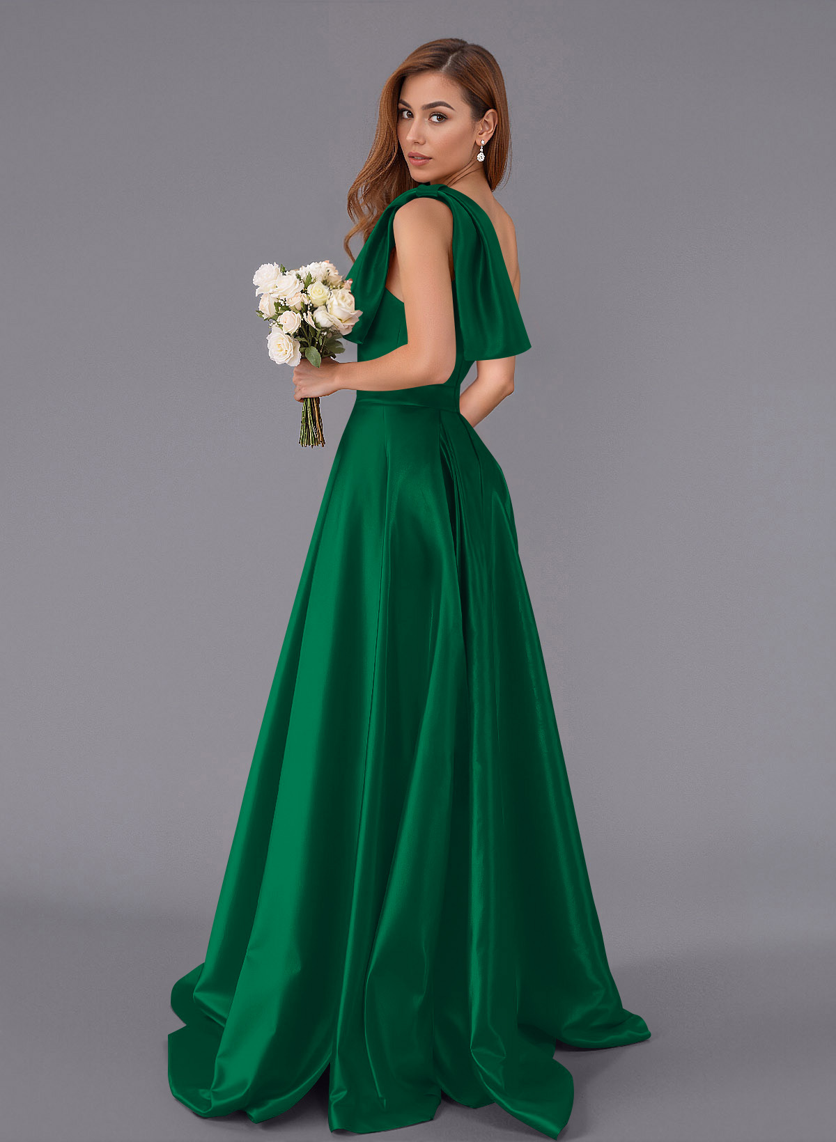 Classy Bow(s) One-Shoulder A-Line Sweep Train Satin Bridesmaid Dresses With Pockets, product image 63
