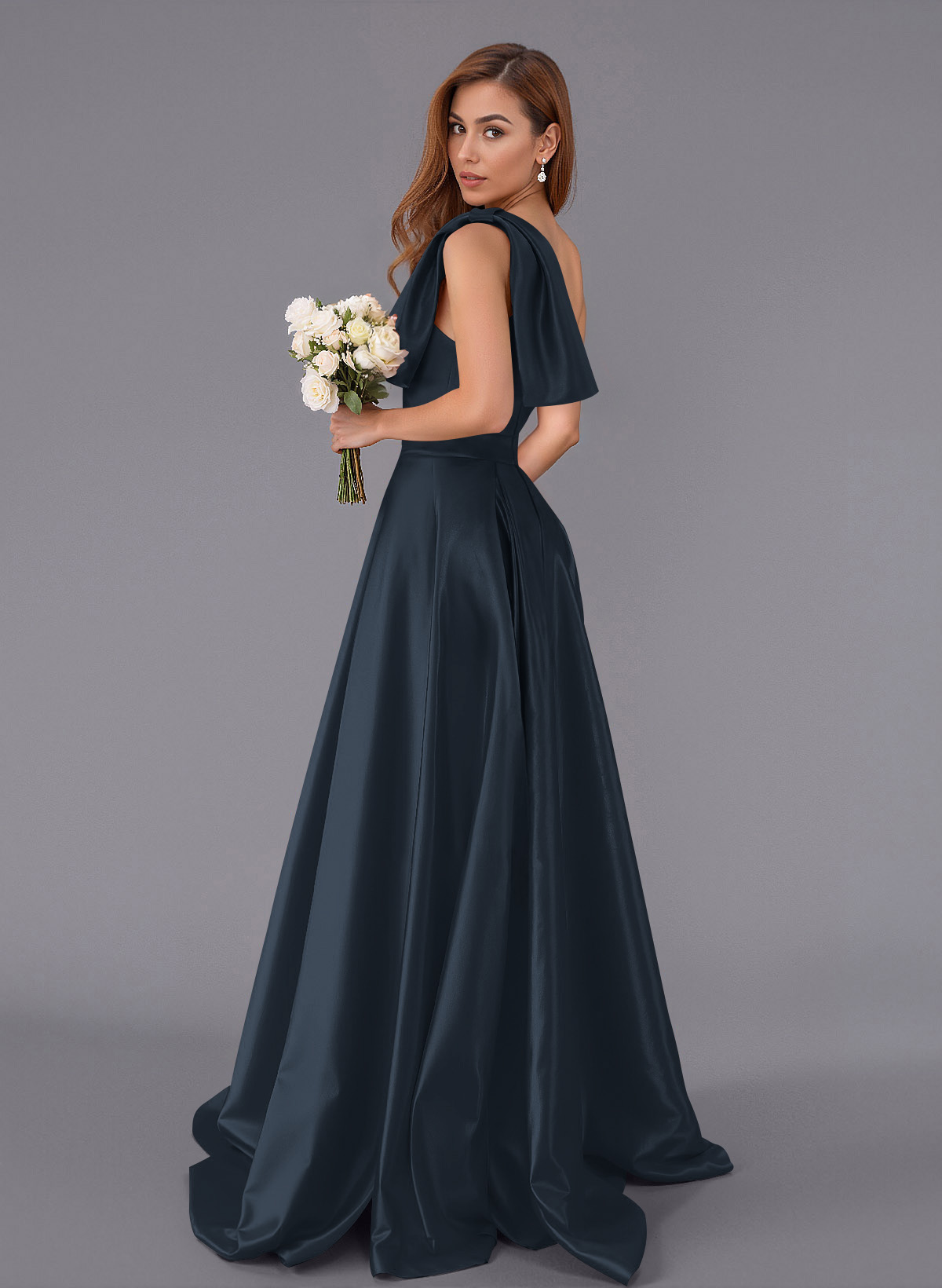 Classy Bow(s) One-Shoulder A-Line Sweep Train Satin Bridesmaid Dresses With Pockets, product image 137