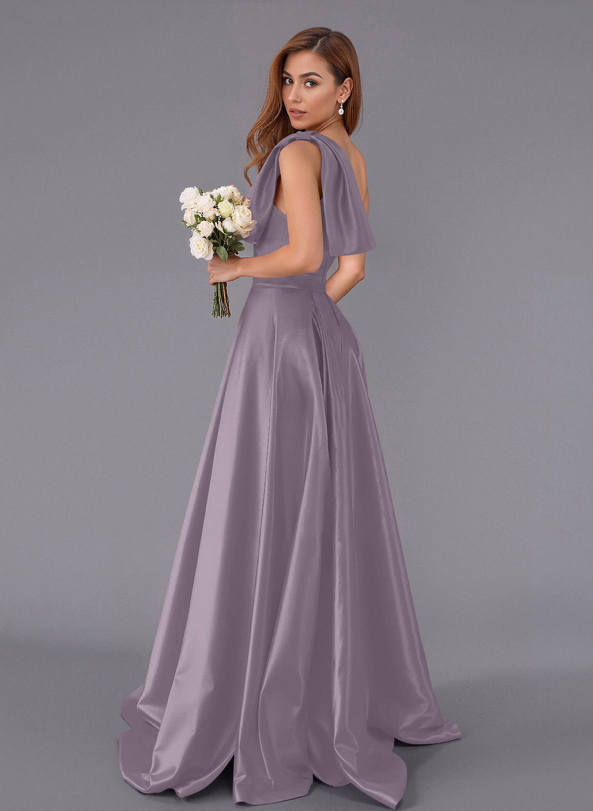 Classy Bow(s) One-Shoulder A-Line Sweep Train Satin Bridesmaid Dresses With Pockets, product image 85