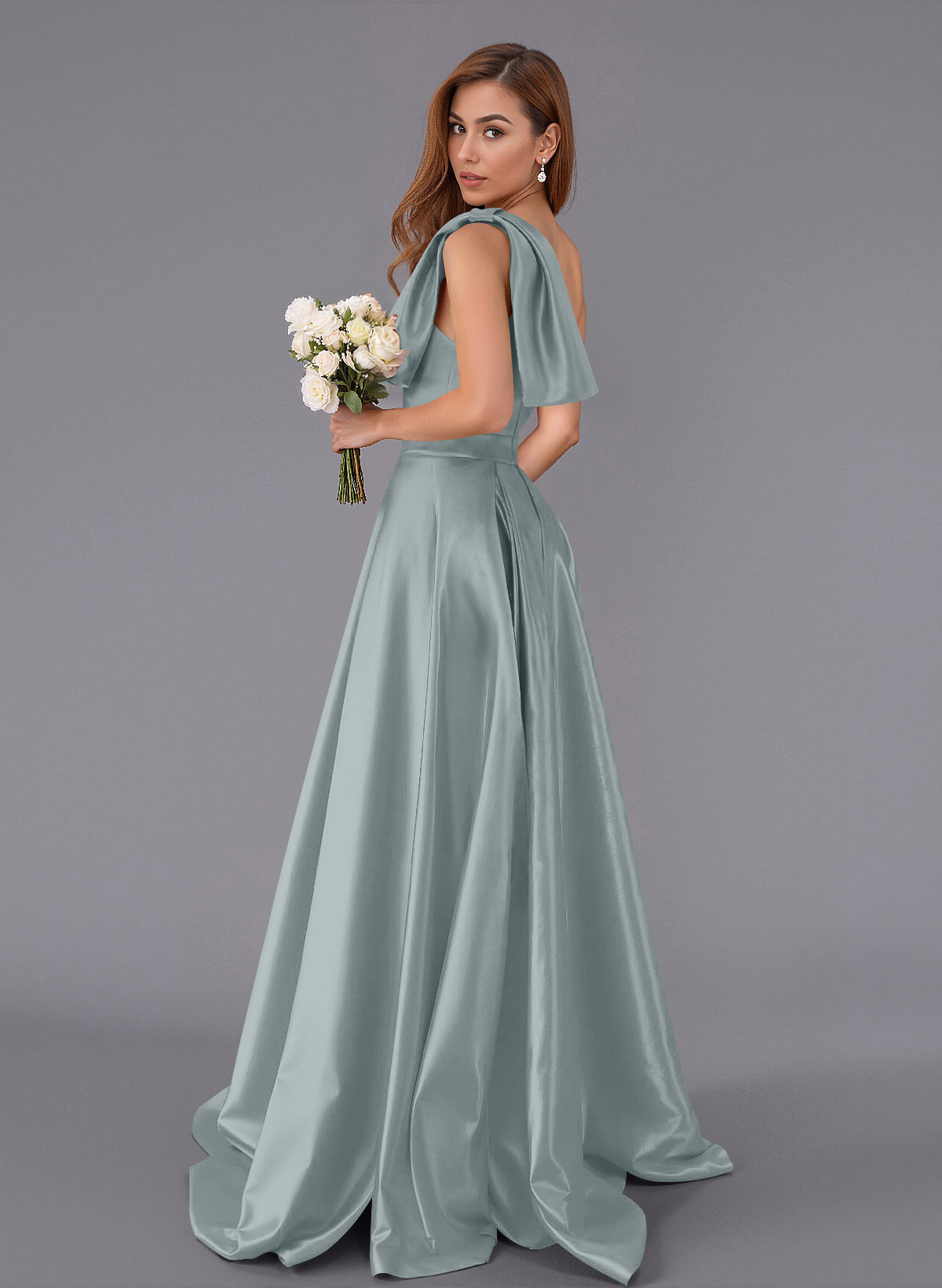 Classy Bow(s) One-Shoulder A-Line Sweep Train Satin Bridesmaid Dresses With Pockets, product image 133