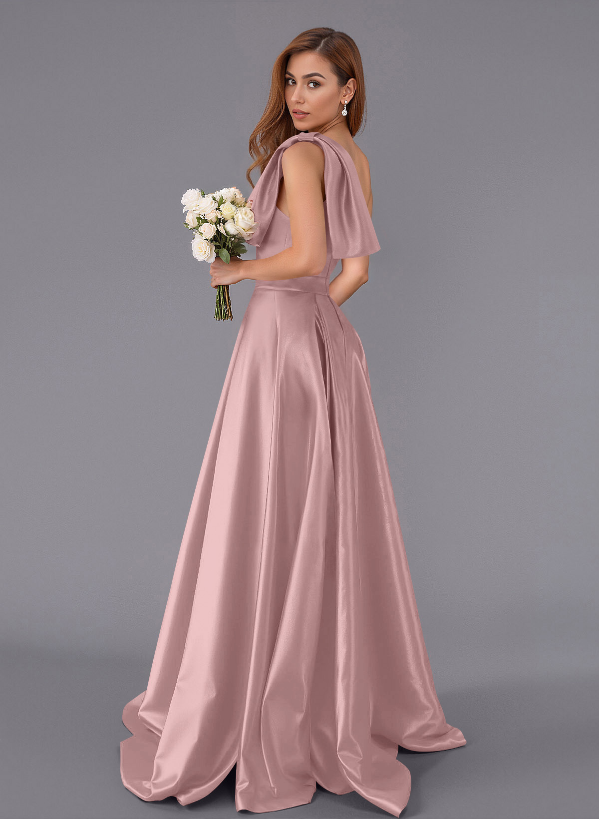 Classy Bow(s) One-Shoulder A-Line Sweep Train Satin Bridesmaid Dresses With Pockets, product image 99