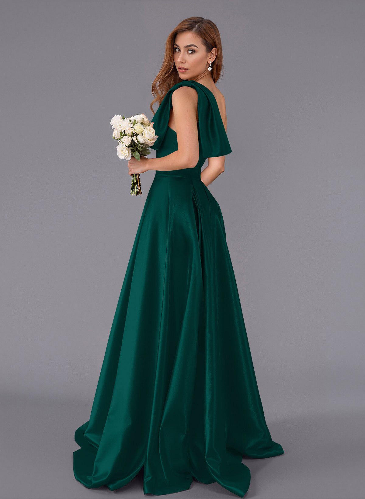 Classy Bow(s) One-Shoulder A-Line Sweep Train Satin Bridesmaid Dresses With Pockets, product image 11