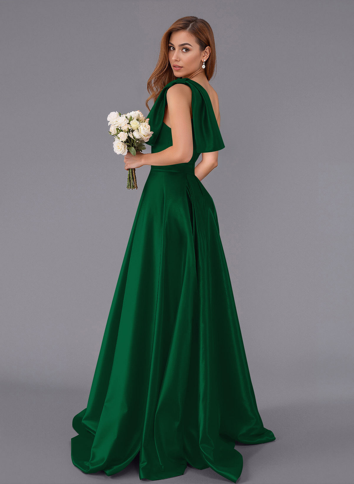 Classy Bow(s) One-Shoulder A-Line Sweep Train Satin Bridesmaid Dresses With Pockets, product image 15