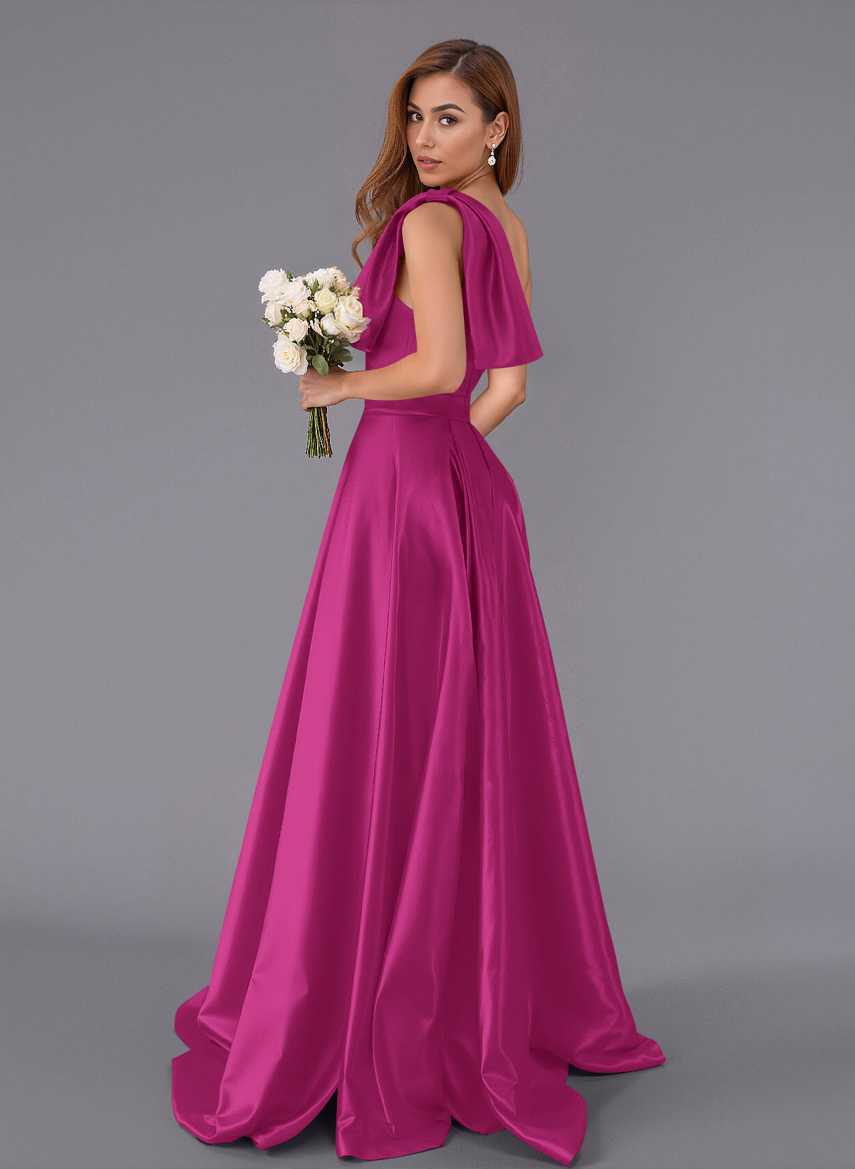Classy Bow(s) One-Shoulder A-Line Sweep Train Satin Bridesmaid Dresses With Pockets, product image 67