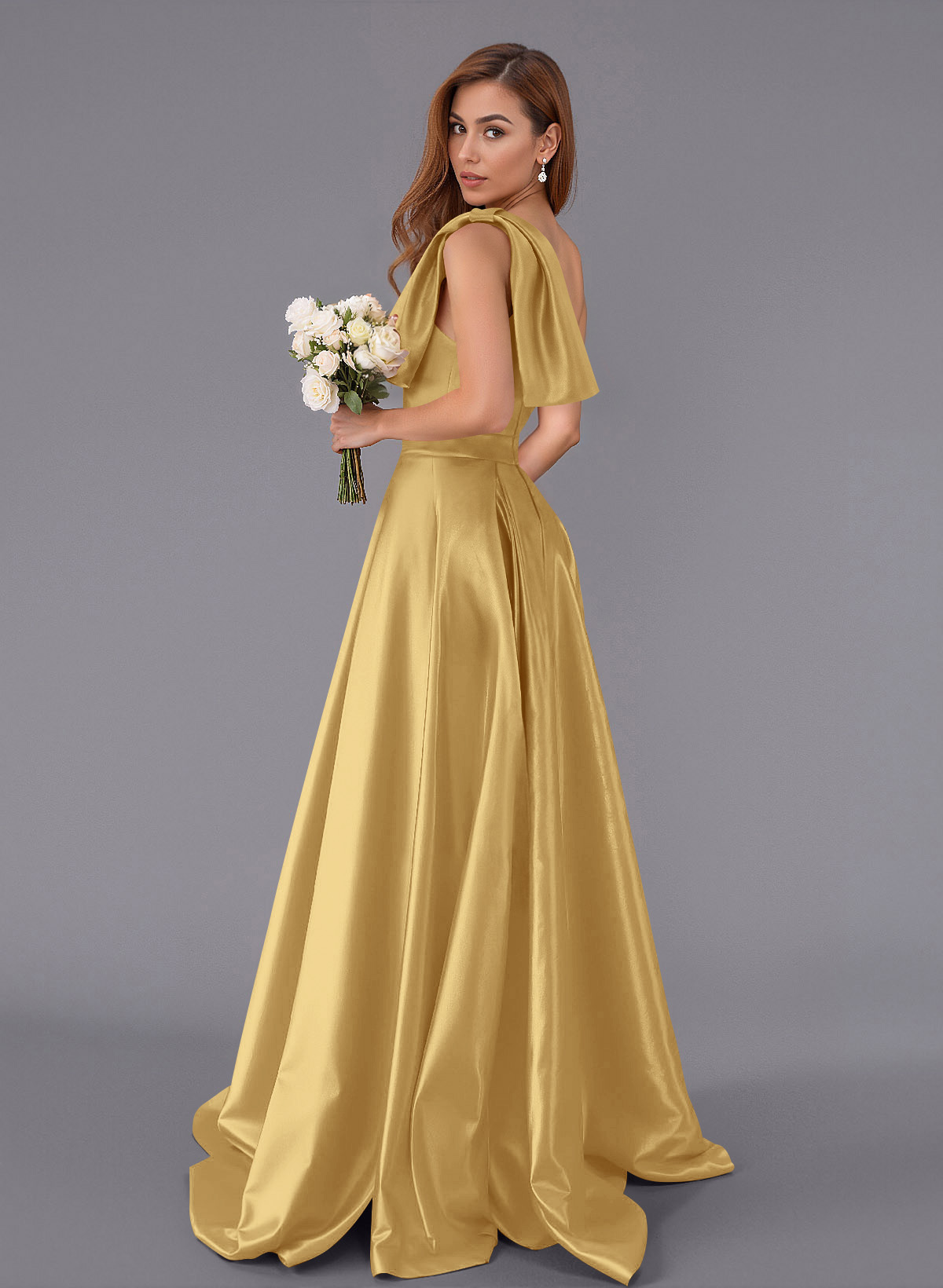 Classy Bow(s) One-Shoulder A-Line Sweep Train Satin Bridesmaid Dresses With Pockets, product image 41