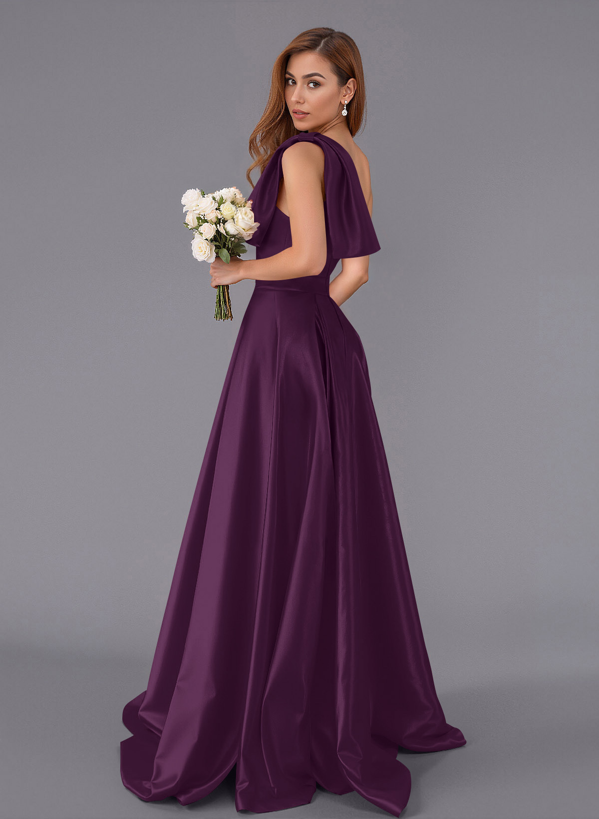 Classy Bow(s) One-Shoulder A-Line Sweep Train Satin Bridesmaid Dresses With Pockets, product image 71