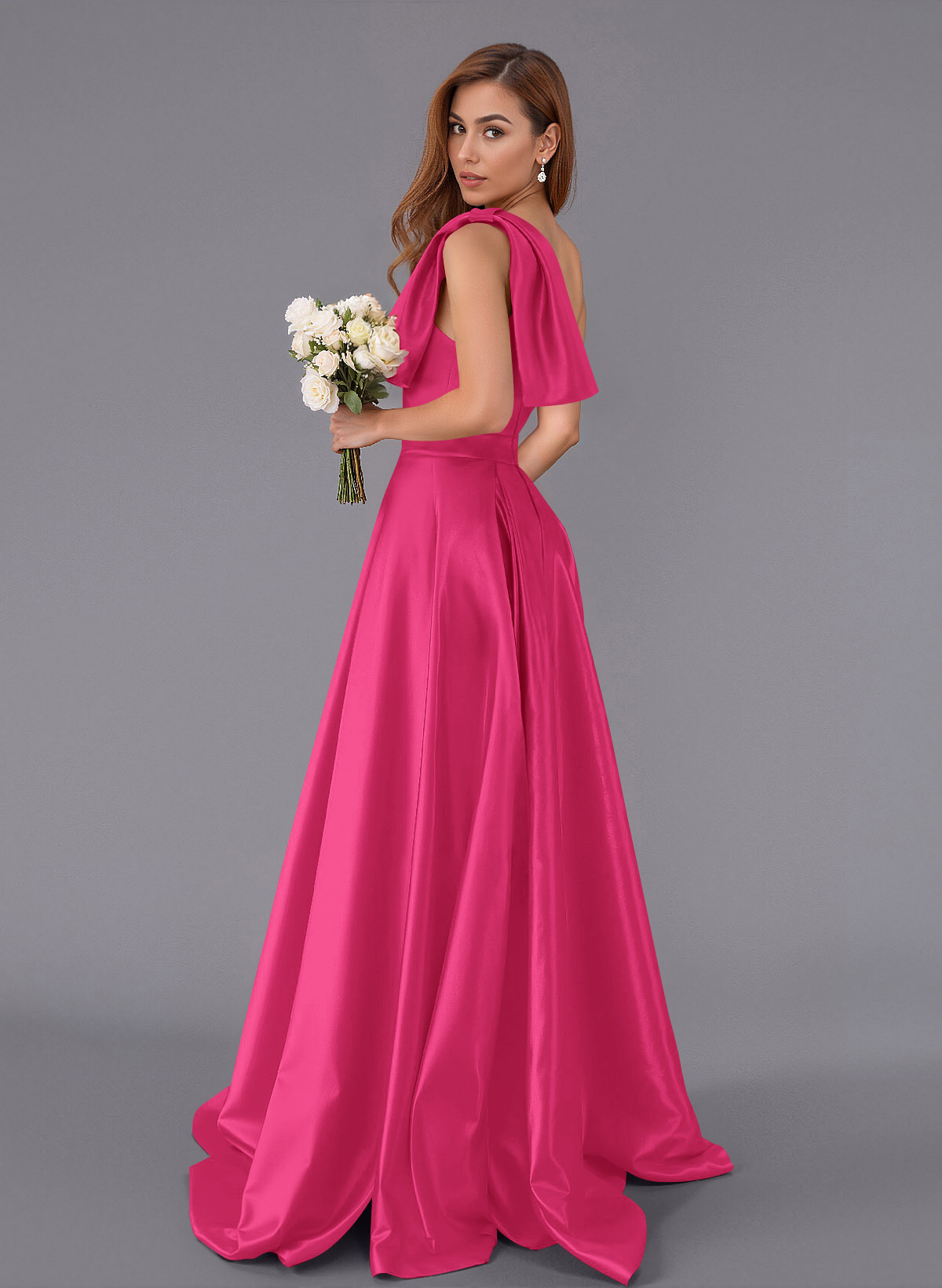 Classy Bow(s) One-Shoulder A-Line Sweep Train Satin Bridesmaid Dresses With Pockets, product image 23