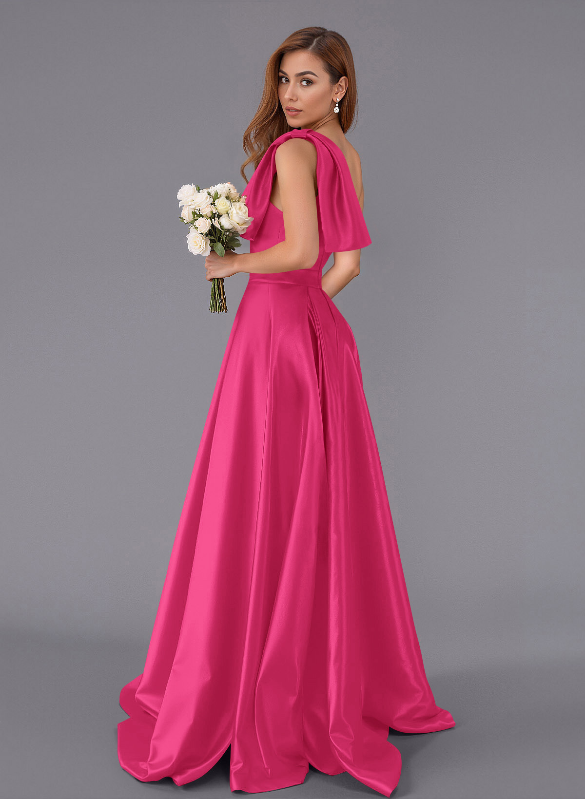 Classy Bow(s) One-Shoulder A-Line Sweep Train Satin Bridesmaid Dresses With Pockets, product image 23