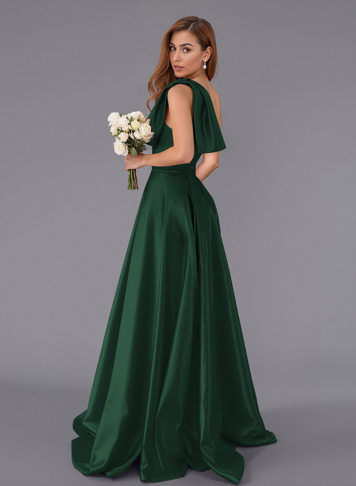 Classy Bow(s) One-Shoulder A-Line Sweep Train Satin Bridesmaid Dresses With Pockets, product image 61