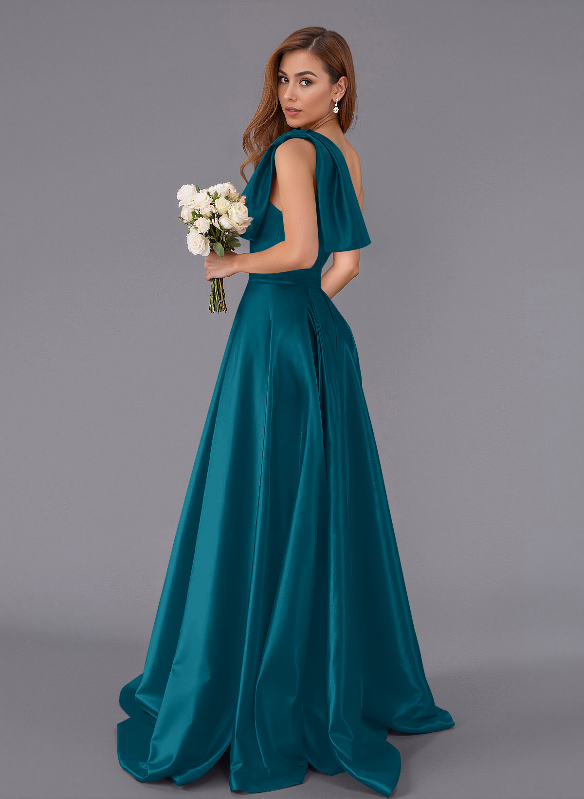Classy Bow(s) One-Shoulder A-Line Sweep Train Satin Bridesmaid Dresses With Pockets, product image 127