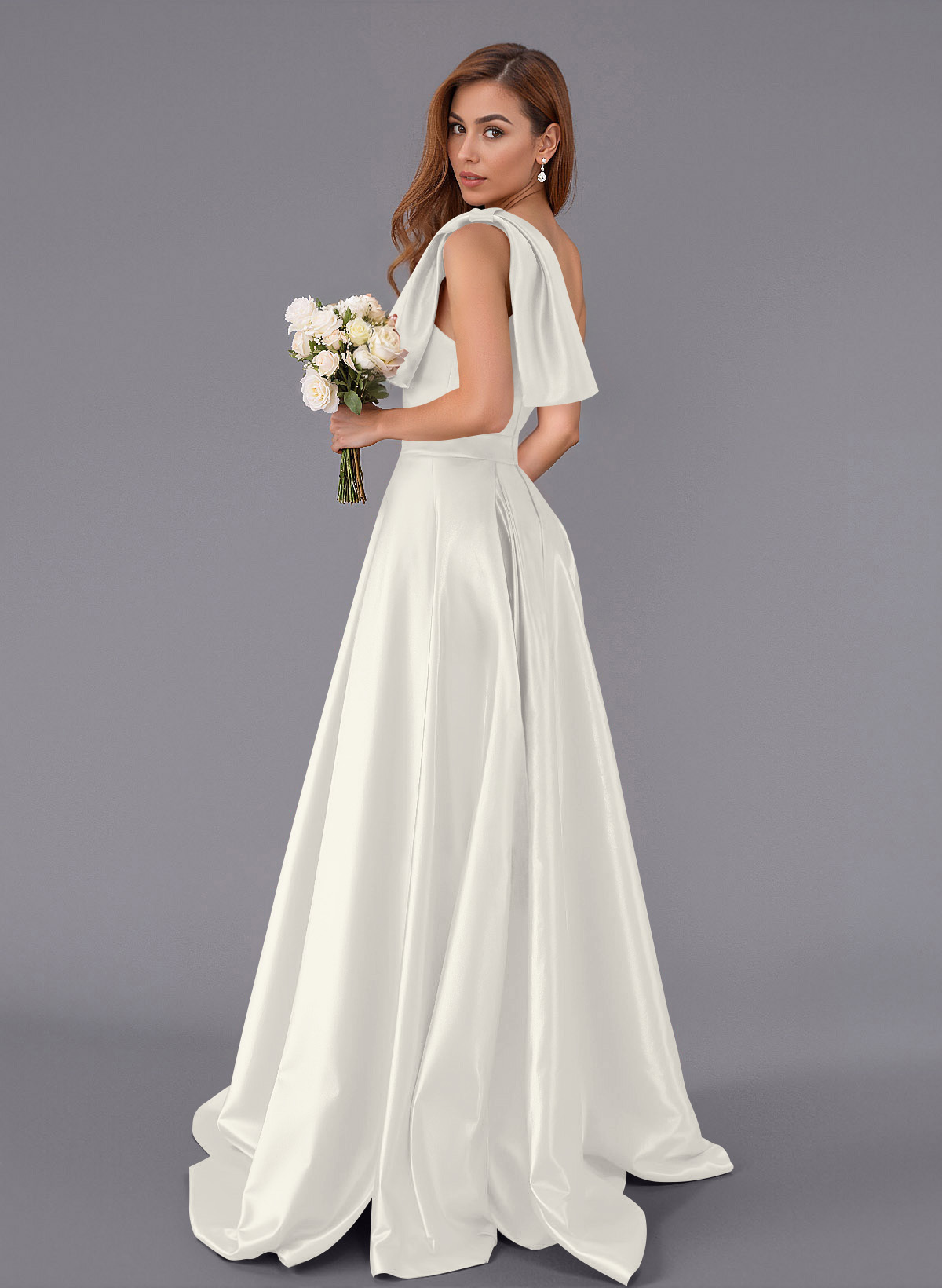 Classy Bow(s) One-Shoulder A-Line Sweep Train Satin Bridesmaid Dresses With Pockets, product image 33