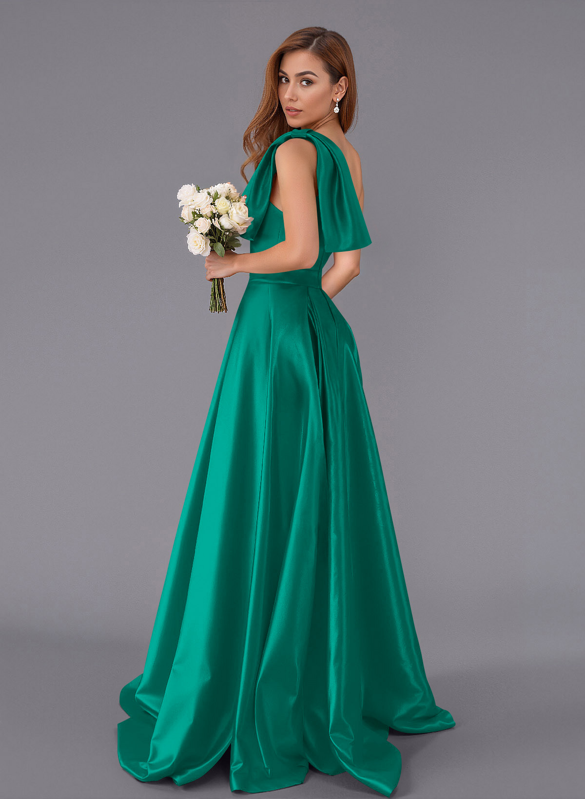Classy Bow(s) One-Shoulder A-Line Sweep Train Satin Bridesmaid Dresses With Pockets, product image 57