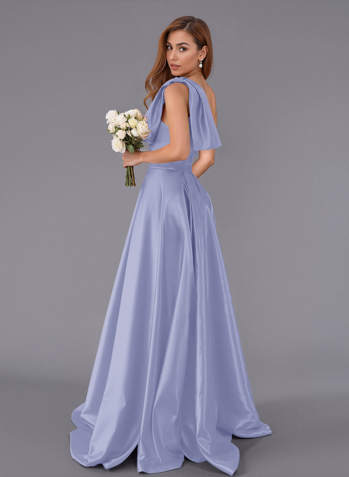 Classy Bow(s) One-Shoulder A-Line Sweep Train Satin Bridesmaid Dresses With Pockets, product image 75