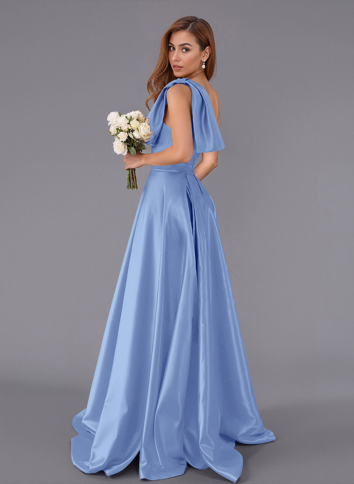 Classy Bow(s) One-Shoulder A-Line Sweep Train Satin Bridesmaid Dresses With Pockets, product image 119