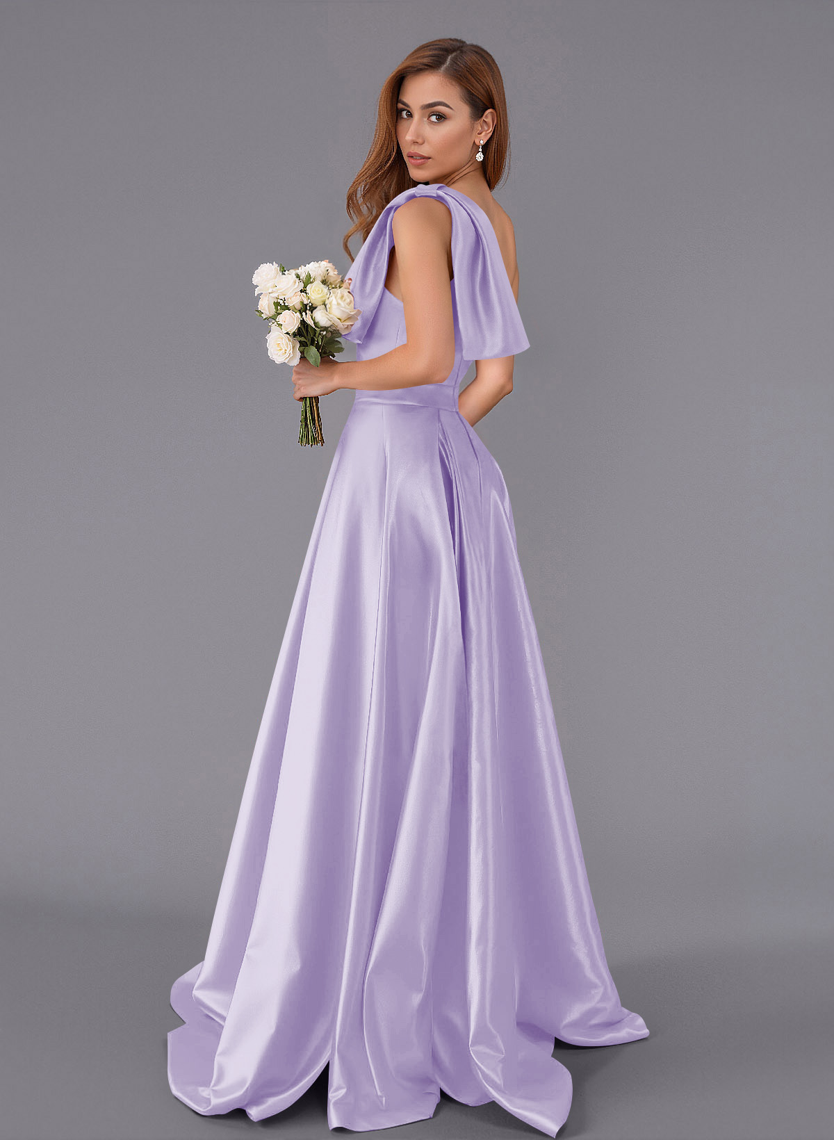 Classy Bow(s) One-Shoulder A-Line Sweep Train Satin Bridesmaid Dresses With Pockets, product image 77