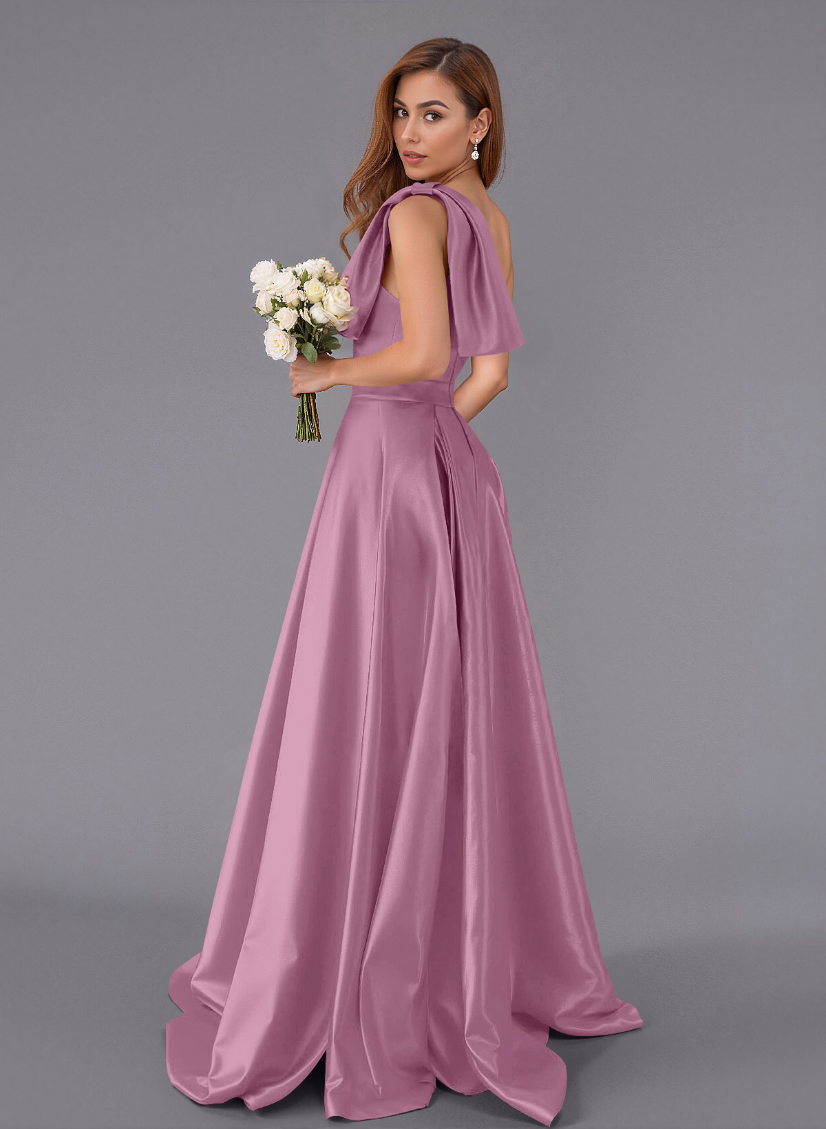Classy Bow(s) One-Shoulder A-Line Sweep Train Satin Bridesmaid Dresses With Pockets, product image 79