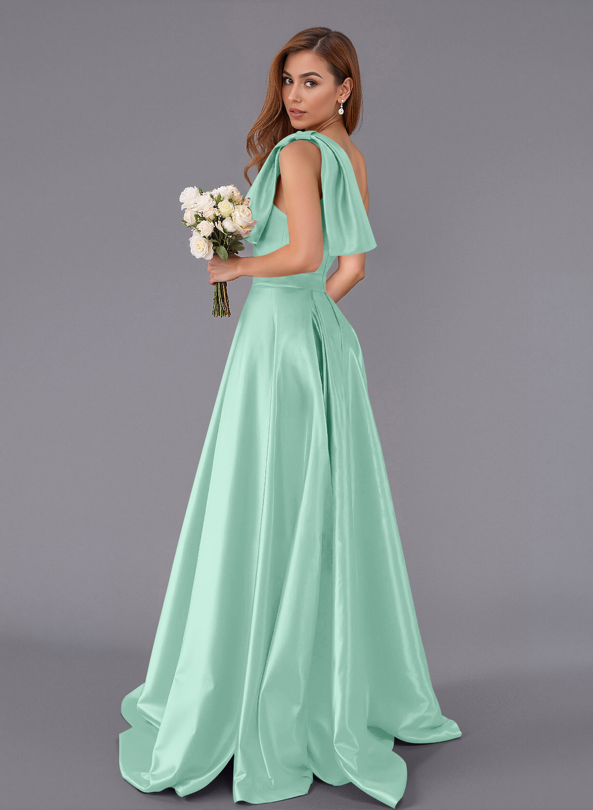 Classy Bow(s) One-Shoulder A-Line Sweep Train Satin Bridesmaid Dresses With Pockets, product image 51