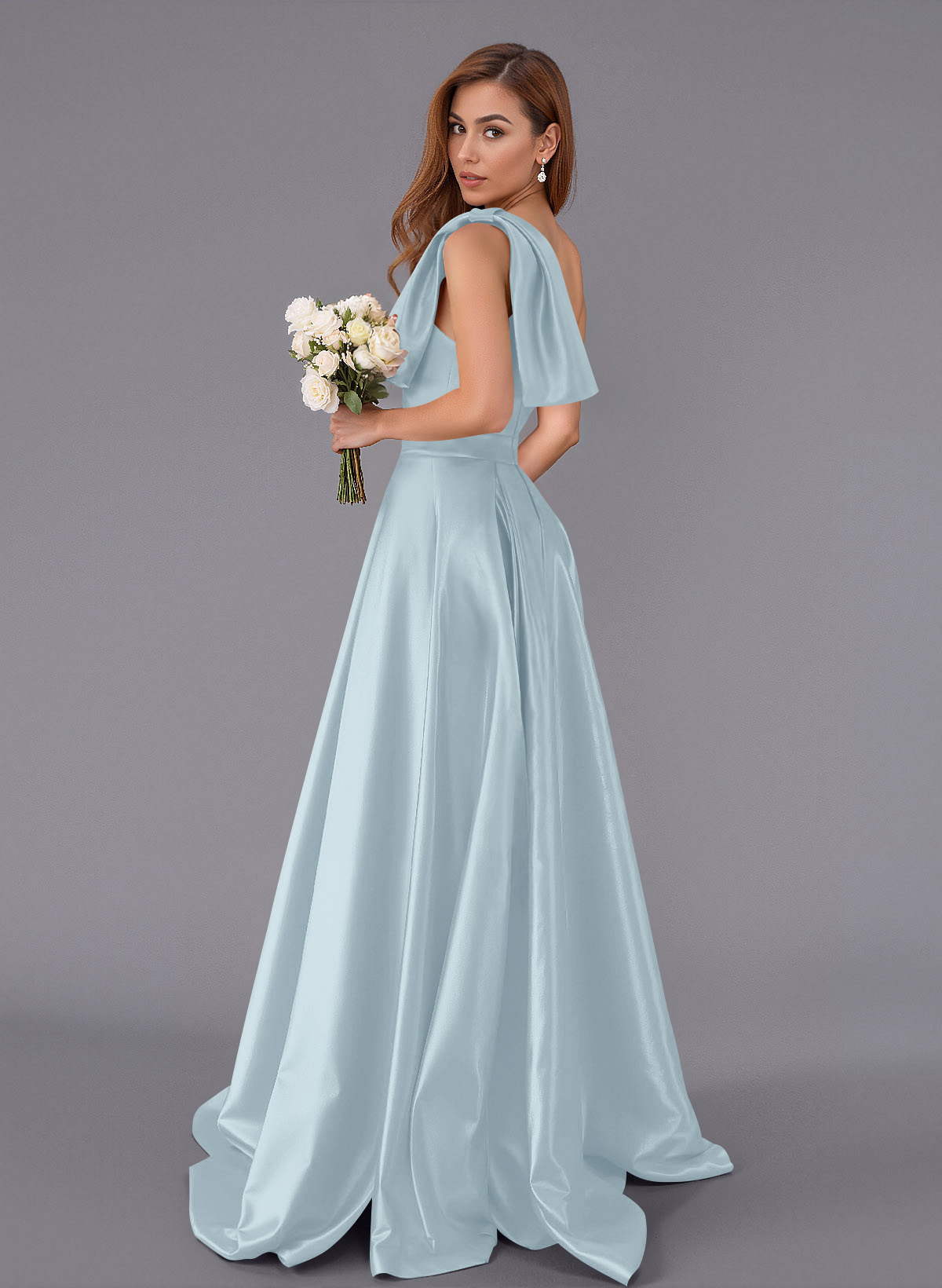 Classy Bow(s) One-Shoulder A-Line Sweep Train Satin Bridesmaid Dresses With Pockets, product image 115