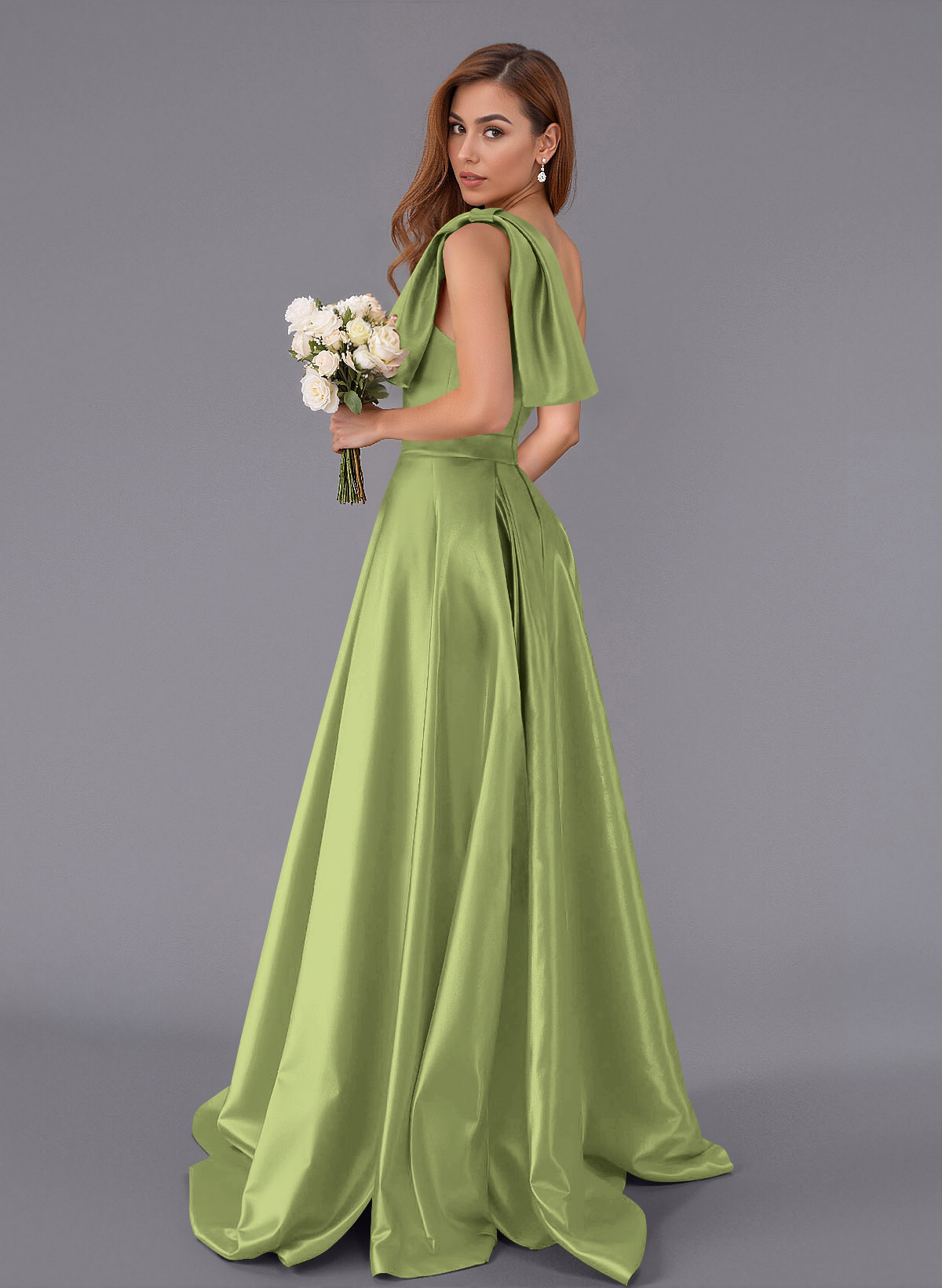 Classy Bow(s) One-Shoulder A-Line Sweep Train Satin Bridesmaid Dresses With Pockets, product image 9