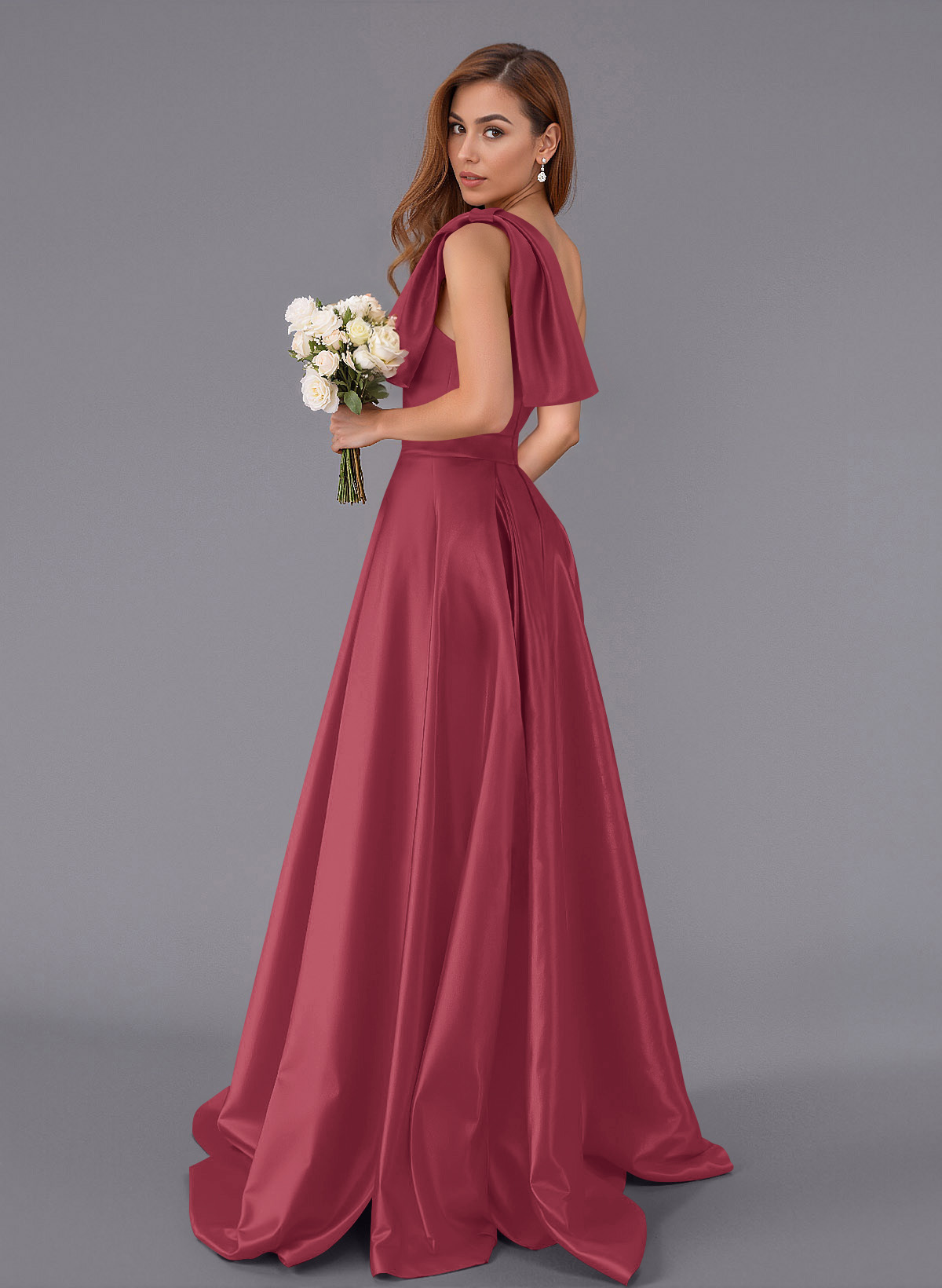 Classy Bow(s) One-Shoulder A-Line Sweep Train Satin Bridesmaid Dresses With Pockets, product image 107