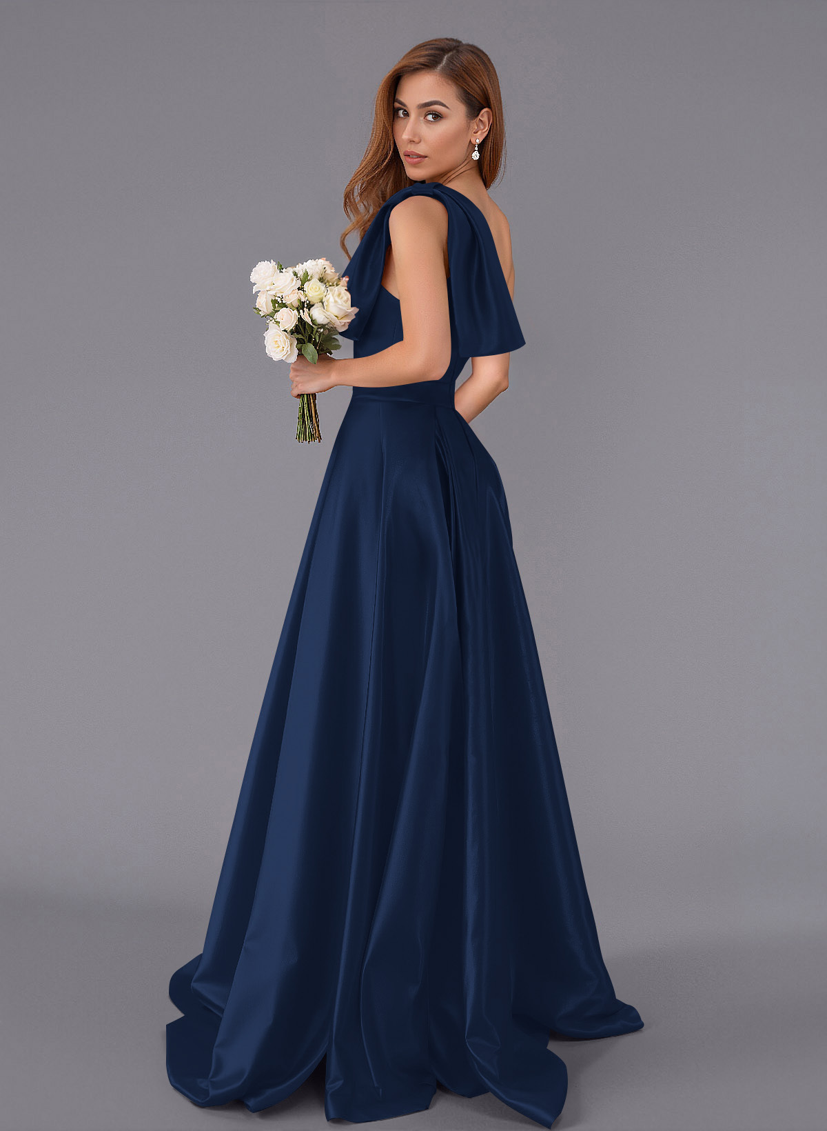 Classy Bow(s) One-Shoulder A-Line Sweep Train Satin Bridesmaid Dresses With Pockets, product image 135