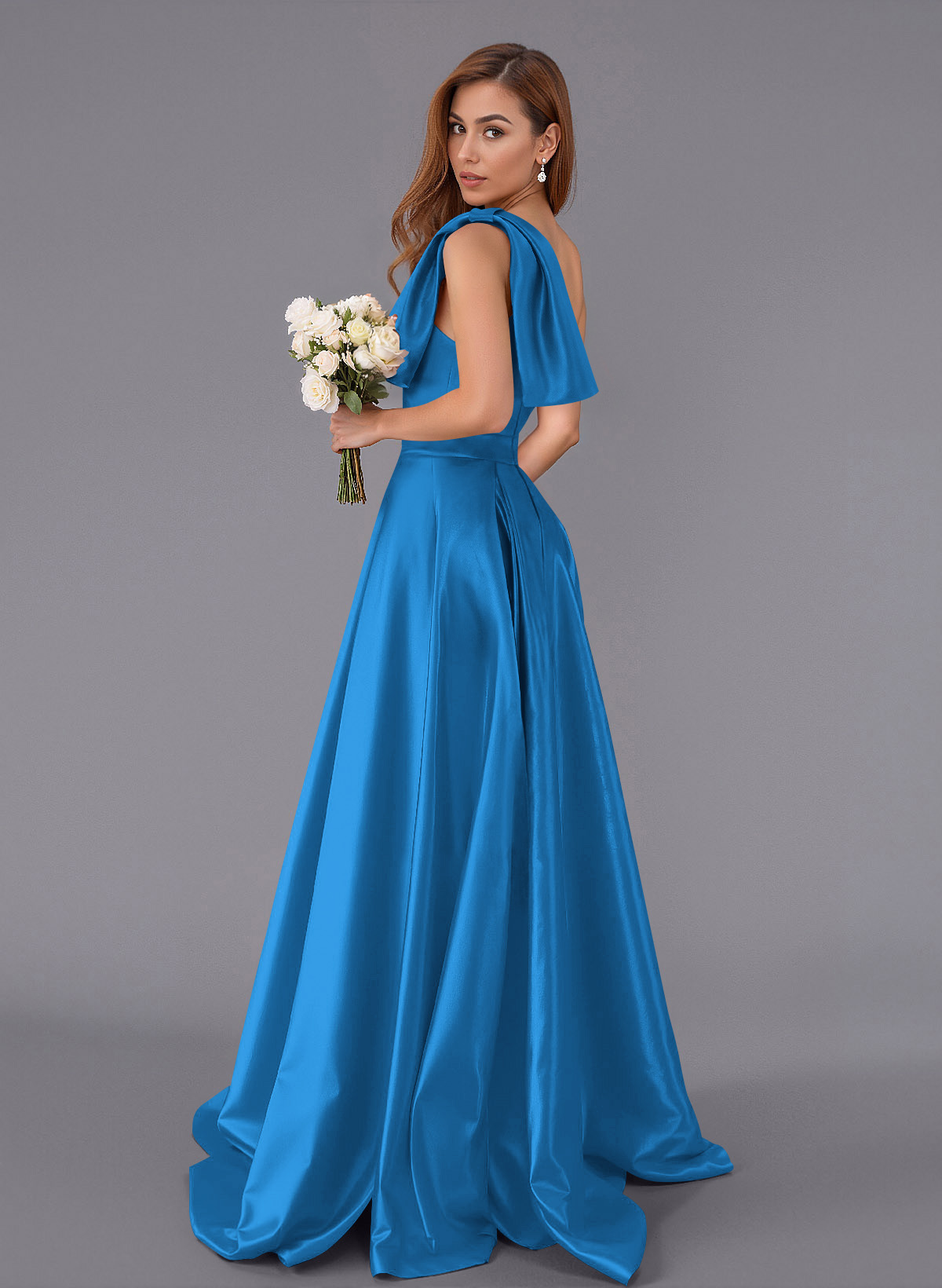 Classy Bow(s) One-Shoulder A-Line Sweep Train Satin Bridesmaid Dresses With Pockets, product image 123