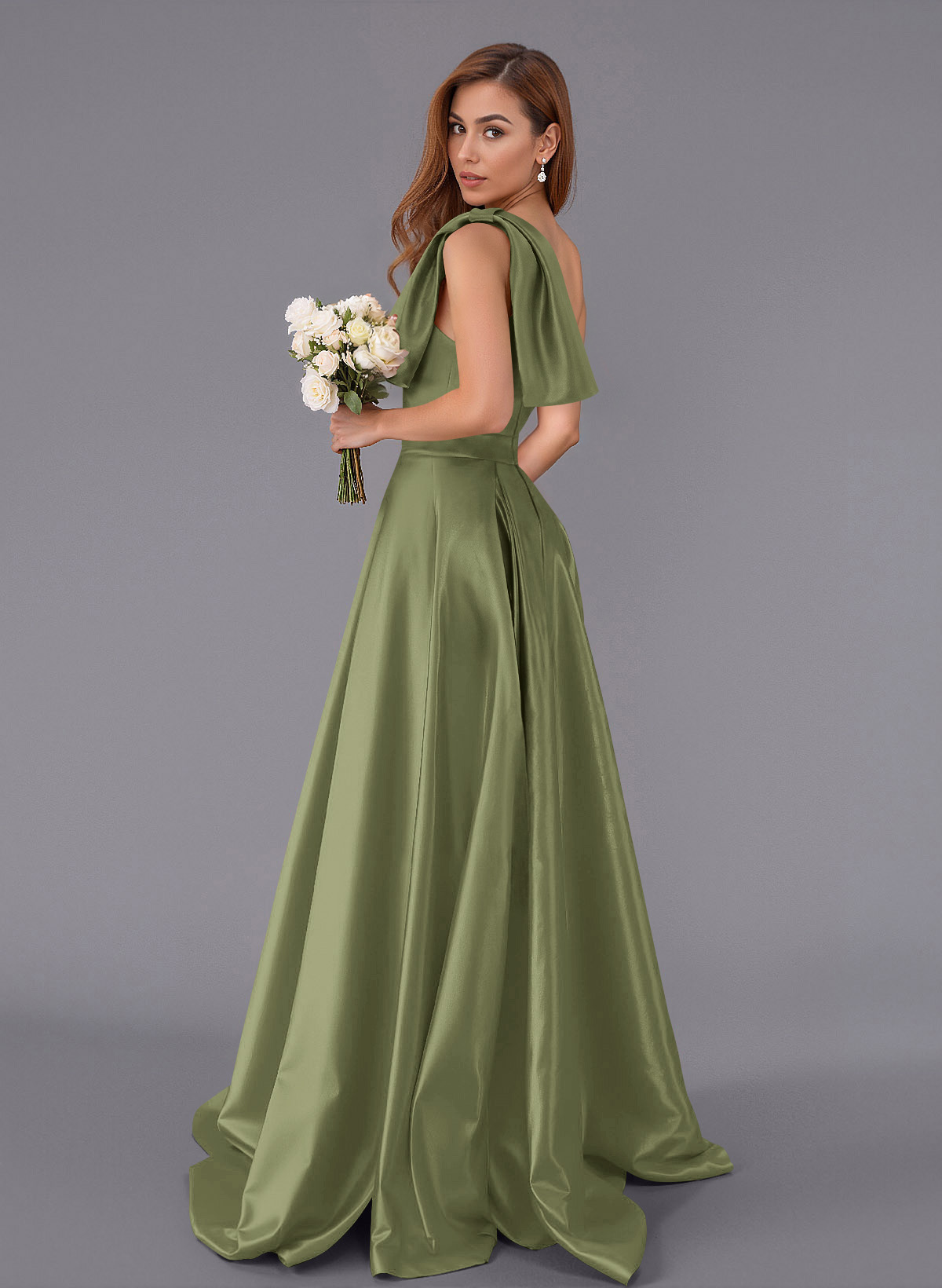 Classy Bow(s) One-Shoulder A-Line Sweep Train Satin Bridesmaid Dresses With Pockets, product image 19