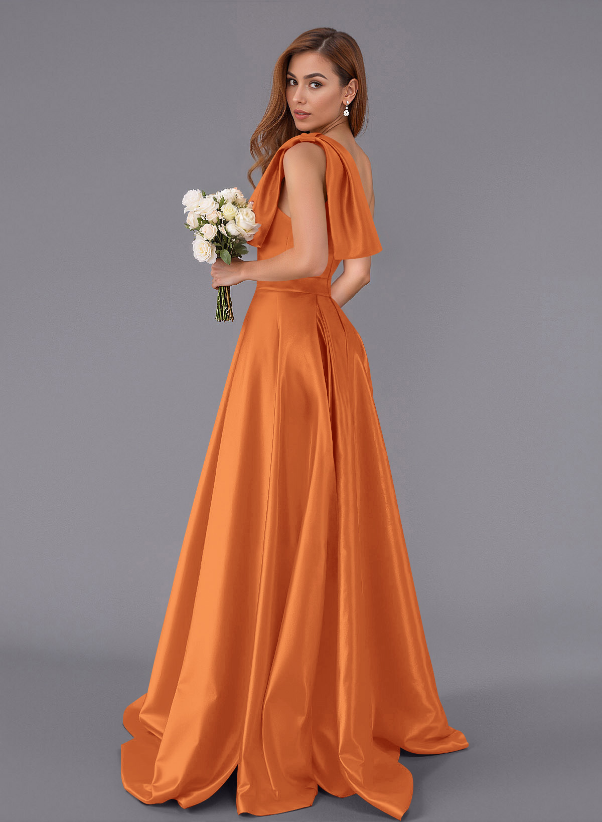 Classy Bow(s) One-Shoulder A-Line Sweep Train Satin Bridesmaid Dresses With Pockets, product image 39