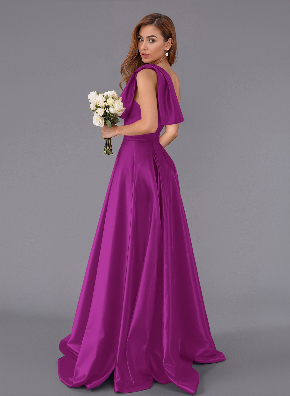 Classy Bow(s) One-Shoulder A-Line Sweep Train Satin Bridesmaid Dresses With Pockets, product image 69