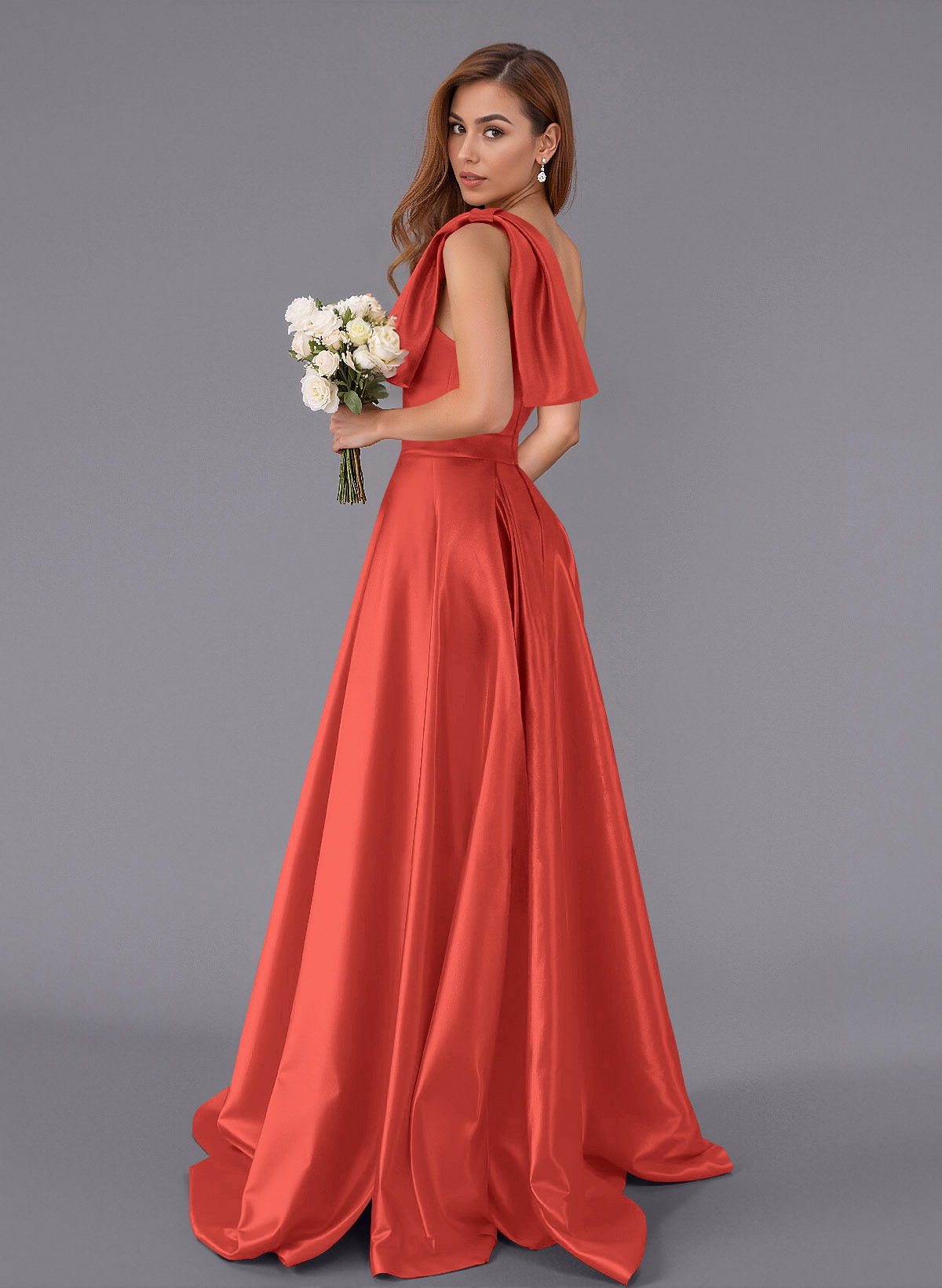 Classy Bow(s) One-Shoulder A-Line Sweep Train Satin Bridesmaid Dresses With Pockets, product image 37