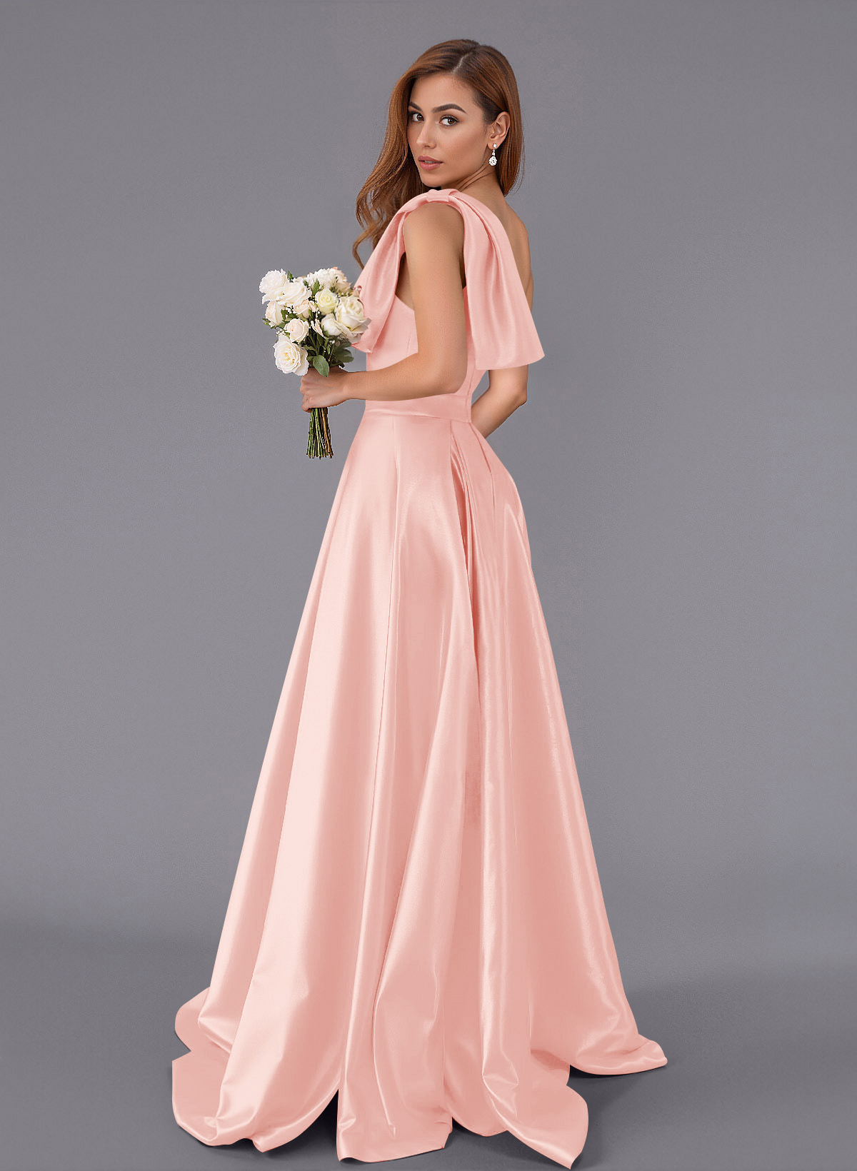 Classy Bow(s) One-Shoulder A-Line Sweep Train Satin Bridesmaid Dresses With Pockets, product image 97