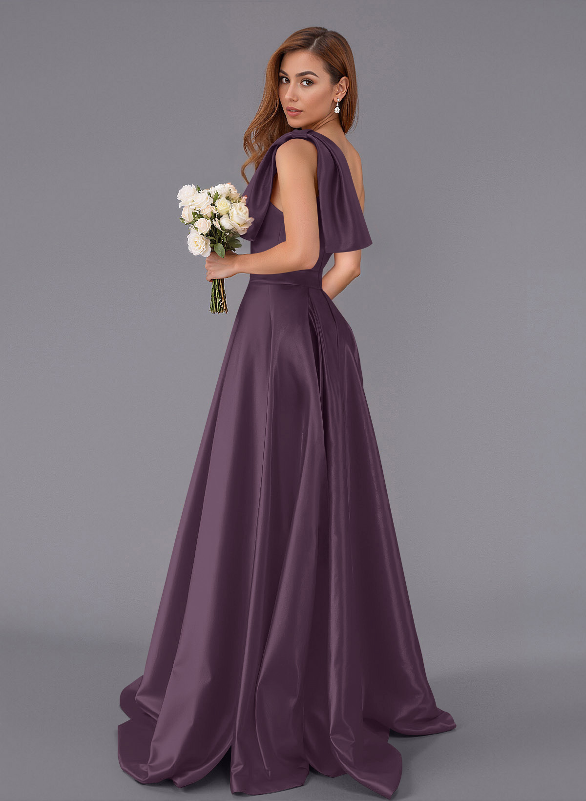 Classy Bow(s) One-Shoulder A-Line Sweep Train Satin Bridesmaid Dresses With Pockets, product image 21