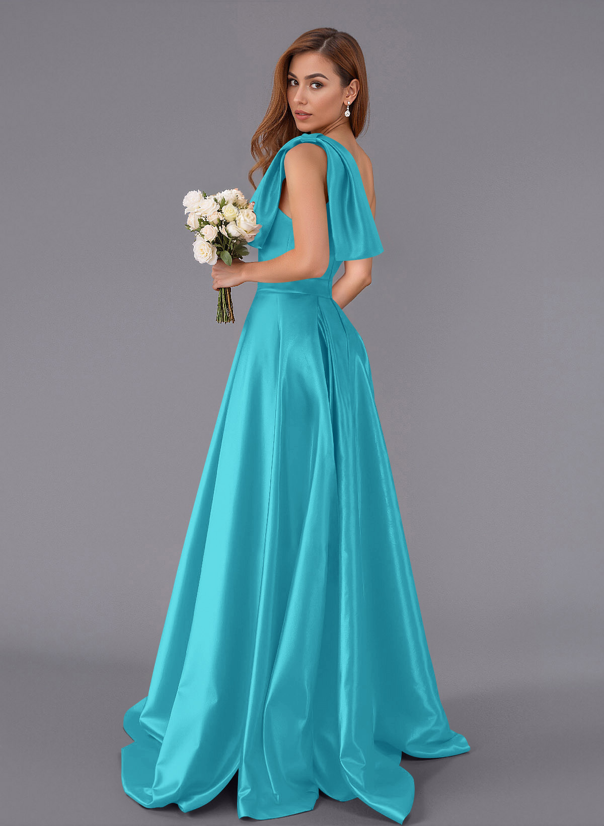 Classy Bow(s) One-Shoulder A-Line Sweep Train Satin Bridesmaid Dresses With Pockets, product image 121