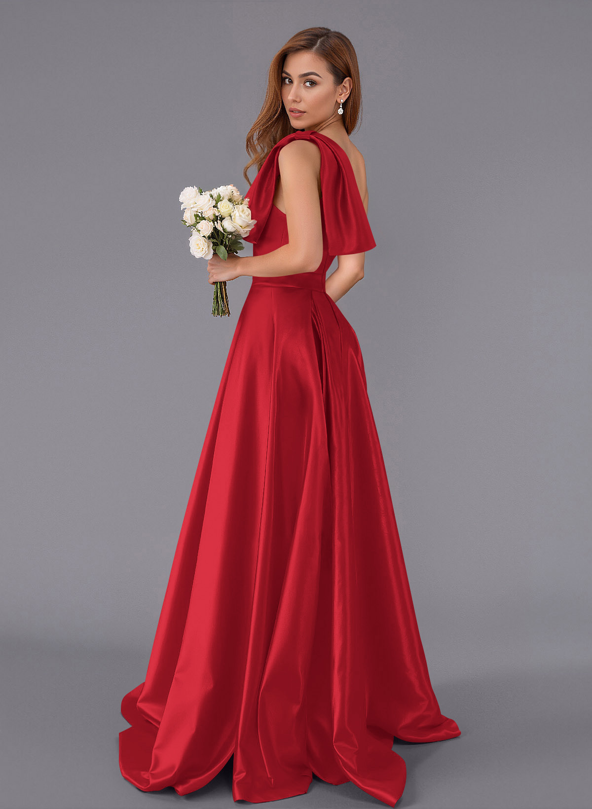 Classy Bow(s) One-Shoulder A-Line Sweep Train Satin Bridesmaid Dresses With Pockets, product image 105