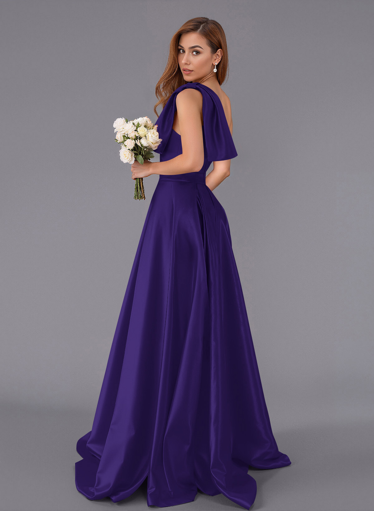 Classy Bow(s) One-Shoulder A-Line Sweep Train Satin Bridesmaid Dresses With Pockets, product image 65