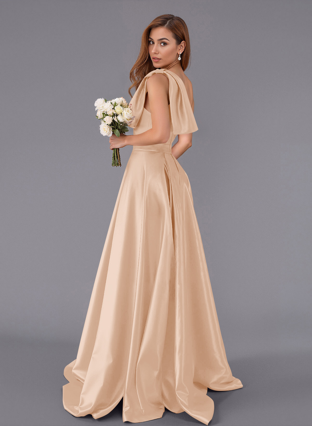 Classy Bow(s) One-Shoulder A-Line Sweep Train Satin Bridesmaid Dresses With Pockets, product image 13
