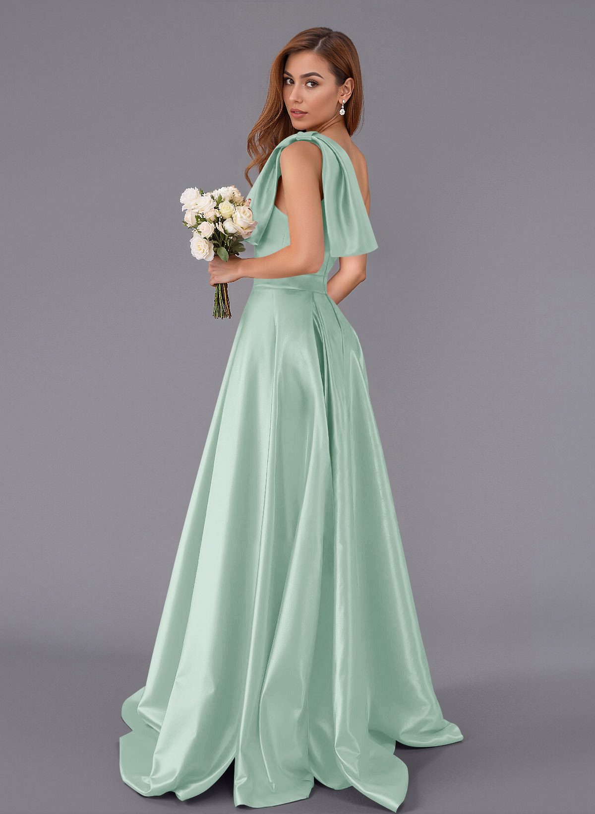 Classy Bow(s) One-Shoulder A-Line Sweep Train Satin Bridesmaid Dresses With Pockets, product image 53