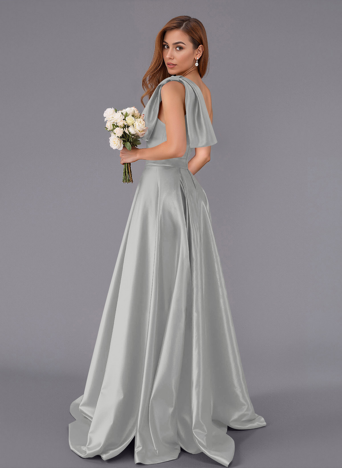 Classy Bow(s) One-Shoulder A-Line Sweep Train Satin Bridesmaid Dresses With Pockets, product image 29